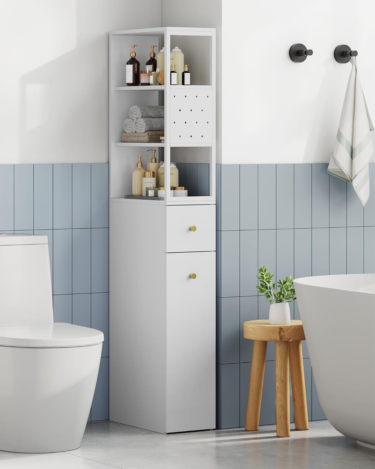 Mobile da Bagno, Mobiletto Portaoggetti, Alto, 3 Ripiani Aperti, 40 x 20 x 140 cm, Mobiletto Bagno Salvaspazio, per Bagnos, Soggiorno, Bianco - 2