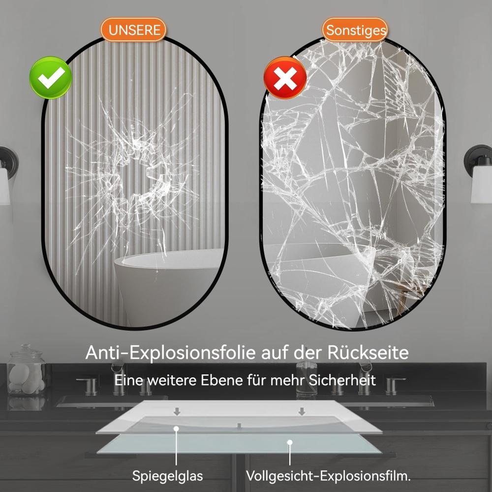 Specchio bagno 50x80 cm ellittico da parete senza cornice, vetro argentato 5 mm antiesplosione, installazione orizzontale o verticale - 4