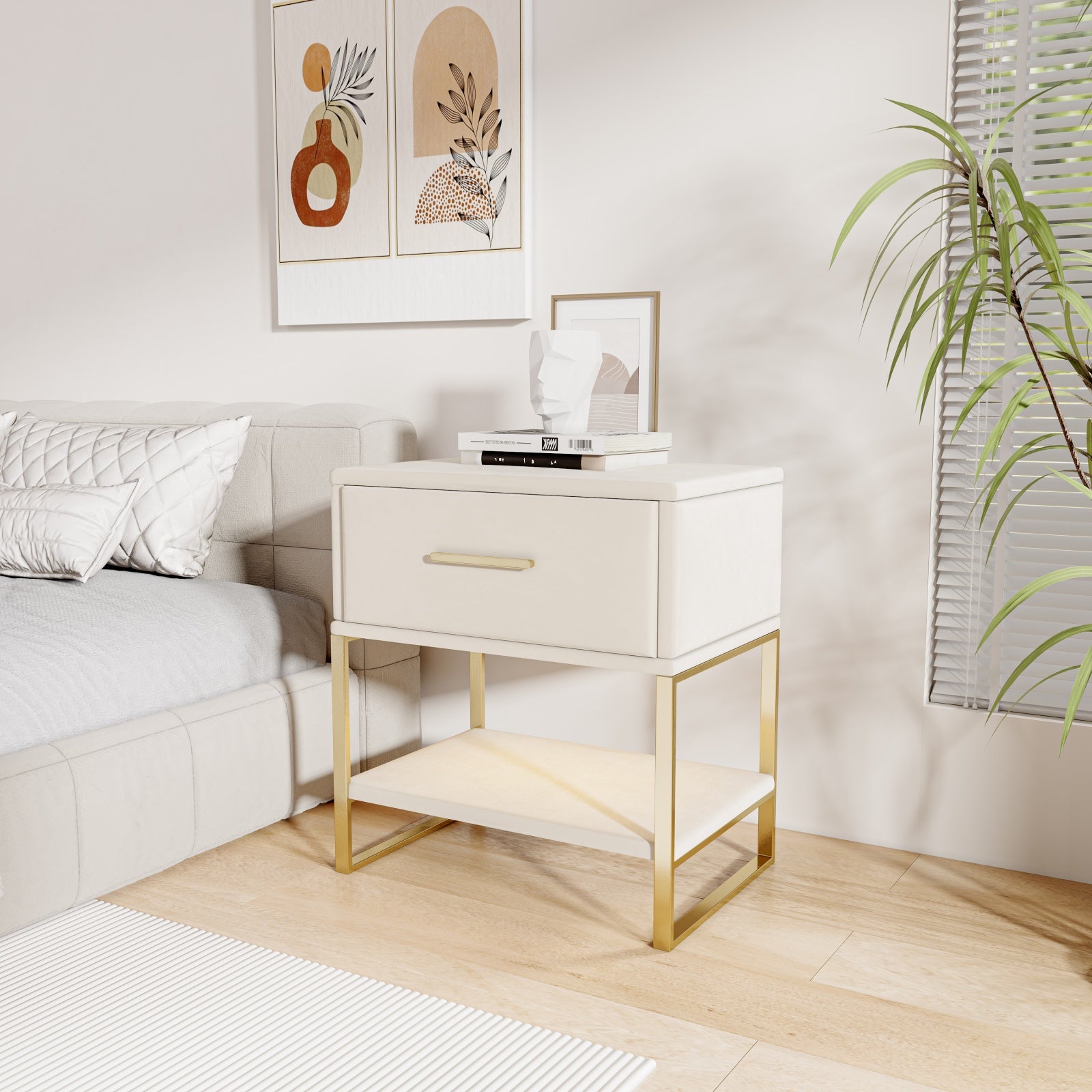 Lot de 2 Tables de chevet avec tiroir, éclairage LED et étagère ouverte – Cadre métallique doré,40×31×50 cm,velours beige - 2