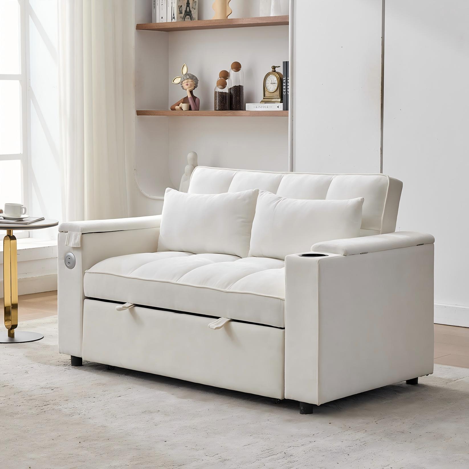 Canapé convertible 2 personnes 140.5x74x82 cm - Dossier réglable - Port USB - Porte-gobelet - Petite table d'appoint - Beige - 4