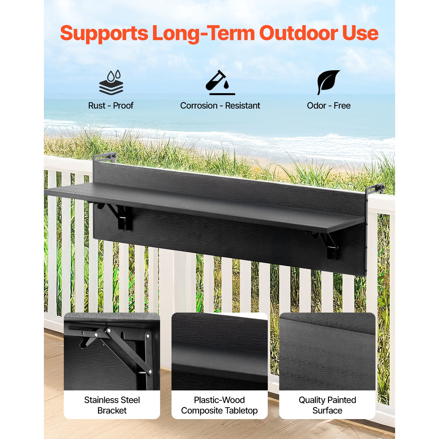 Table Suspendue VEVOR de Balcon Pliante, Plateau 800 x 300 mm, Support Réglable 25-110 mm, Structure Q195, Plastique Bois, Patio - 2