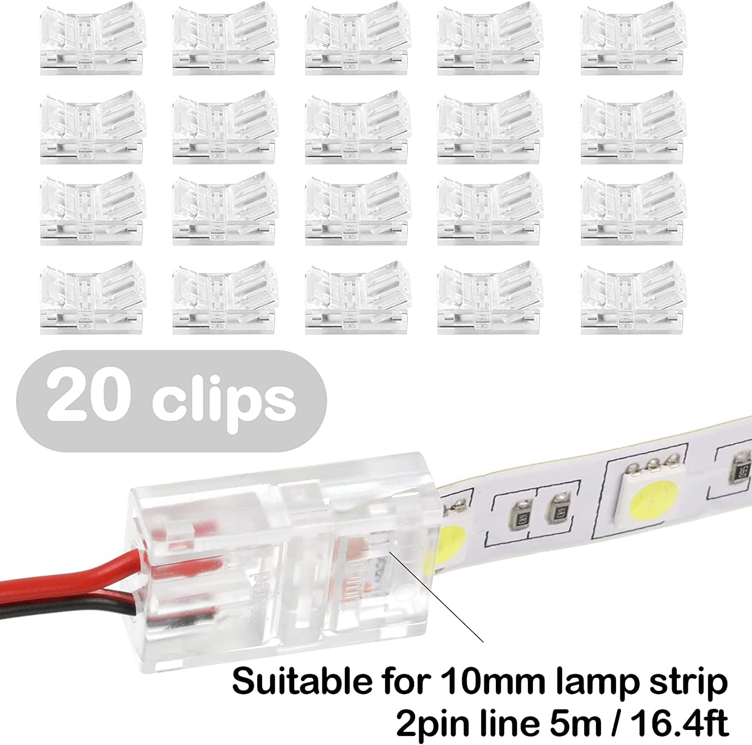 20 Pièces 10mm connecteur LED 2 broches，Connecteur de Bande LED sans soudure, connecteurs rapides LED,pour LED bande de fil 3528/2835 - 2
