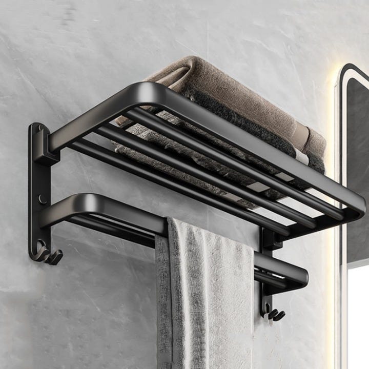 Zestaw do przechowywania w łazience – czarny aluminiowy wieszak na ręczniki – nie wymaga wiercenia – elegancki i praktyczny, 50 cm