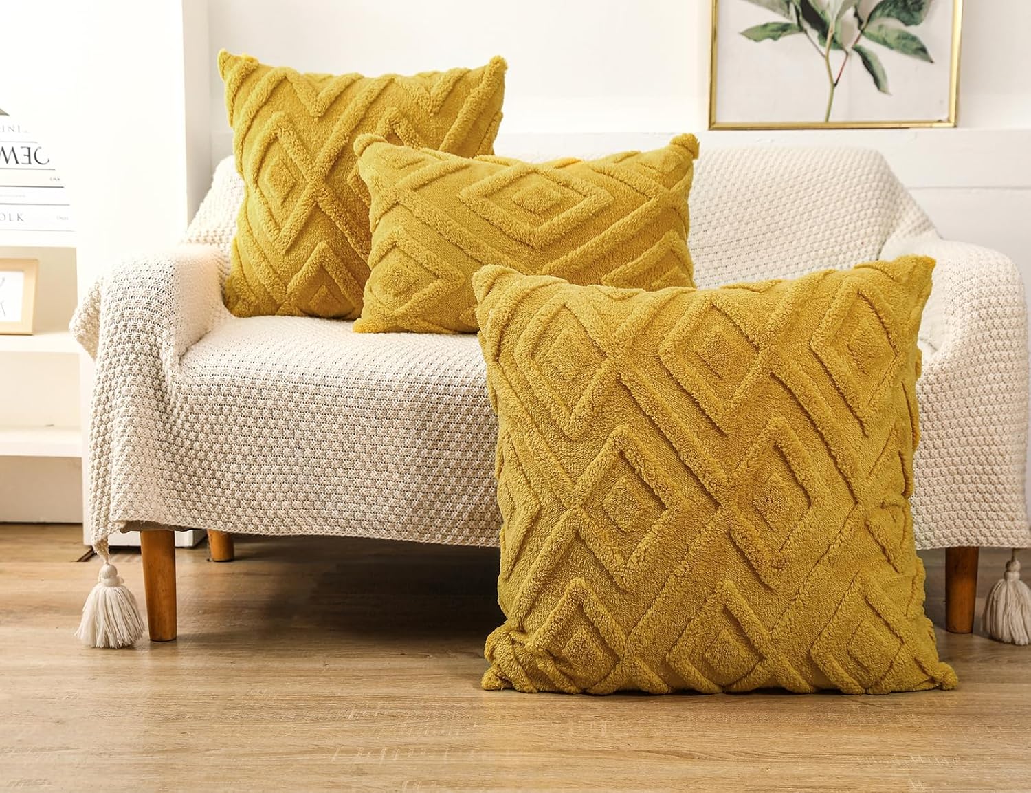 Housse de coussin jaune - motif à carreaux doux, style bohème - convient pour le salon, la chambre, etc. - Lot de 2, 30×50 cm - 3