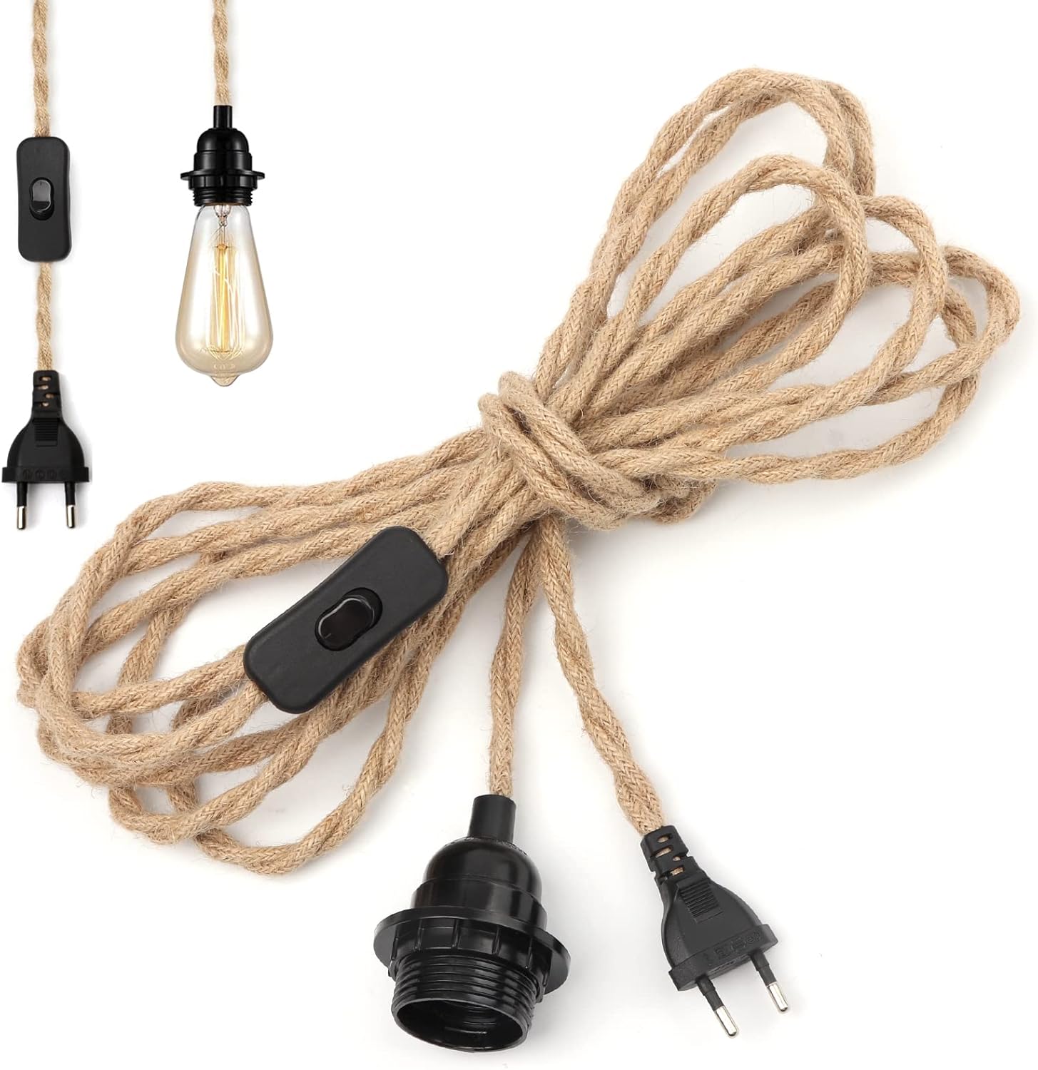 4,5-metrowy kabel konopny do żyrandola, gniazdo E27 z przełącznikiem i kablem do żarówki, do lampy wiszącej DIY, przemysłowej lampy wiszącej, gniazd