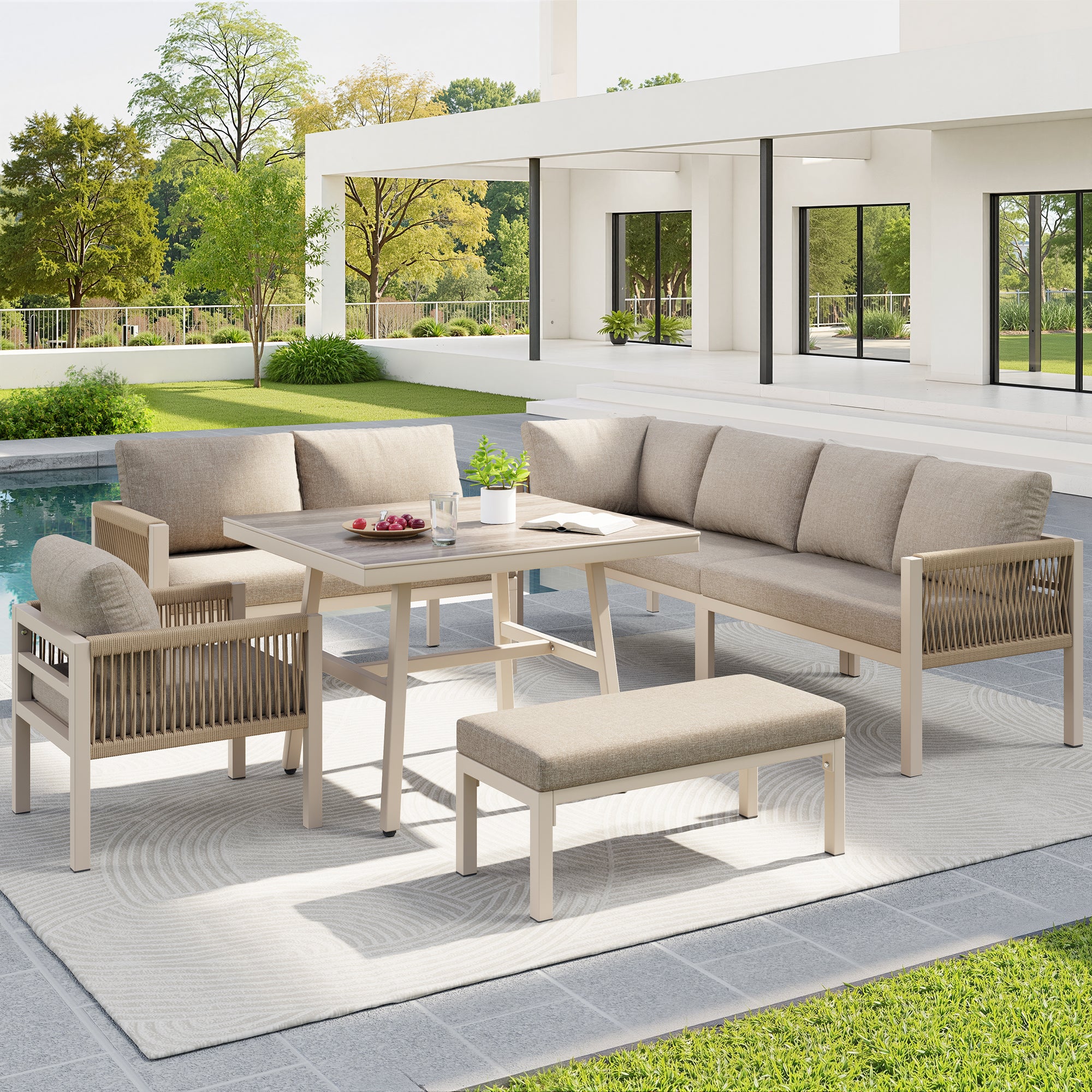 Sofa ogrodowa w kształcie litery L, do 8 osób, rama żelazna z powłoką, odporna na warunki atmosferyczne, beżowa