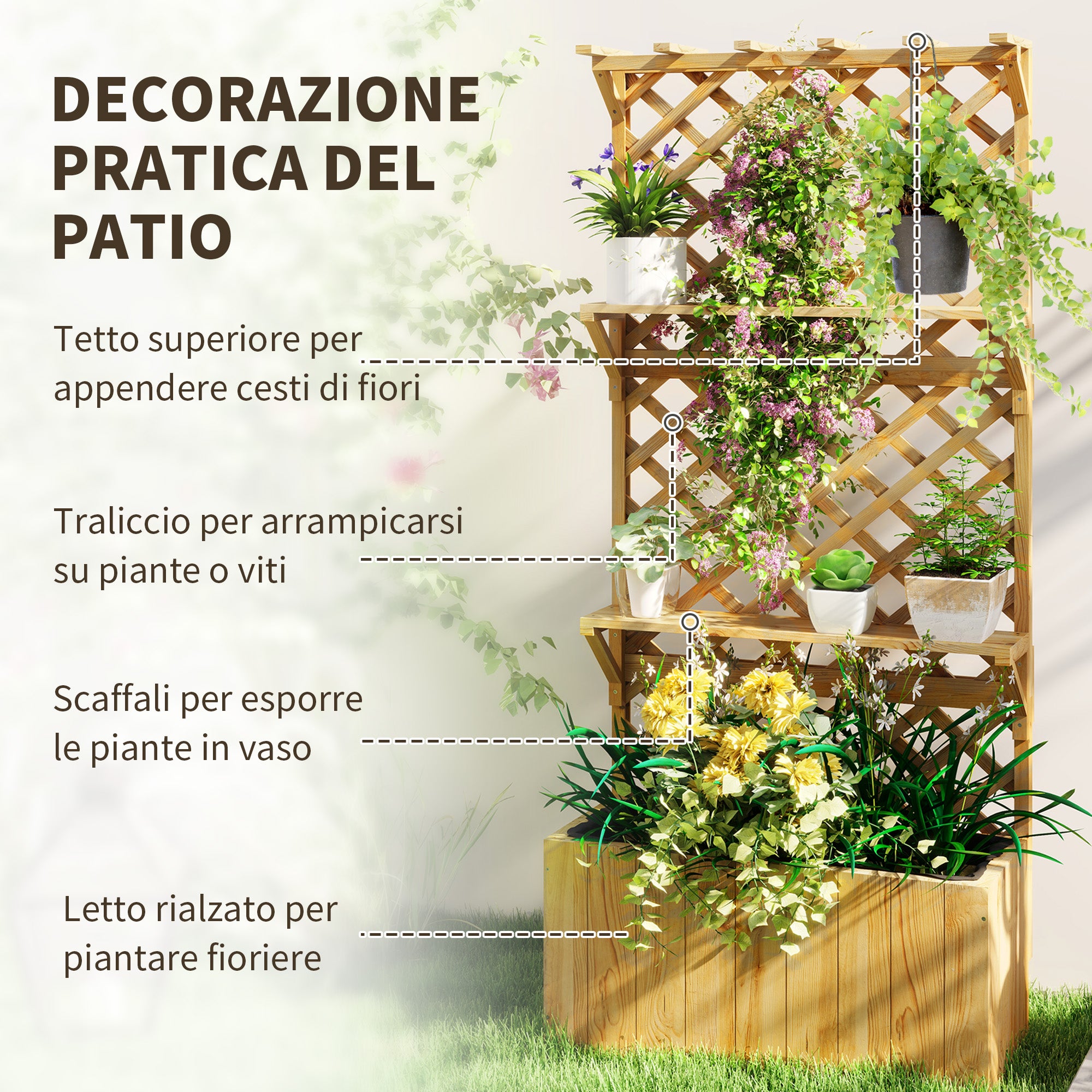 Outsunny Fioriera con Traliccio per Rampicanti, Fori di Drenaggio e 2 Mensole, in Legno di Abete, 76x33x177 cm - 4