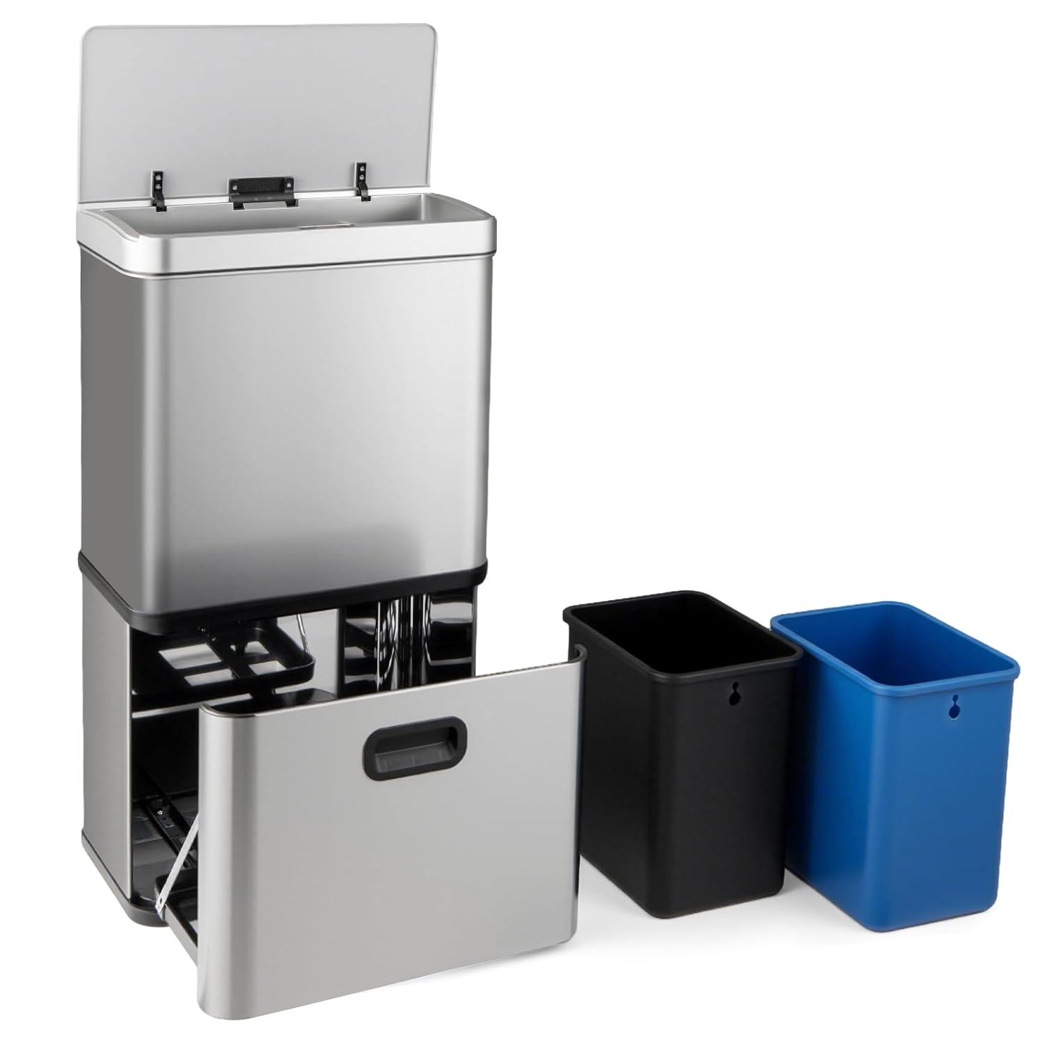 Poubelle Cuisine Automatique 56 L – Capteur Mouvement, Fermeture Douce – 3 Compartiments – Acier Inox Noir