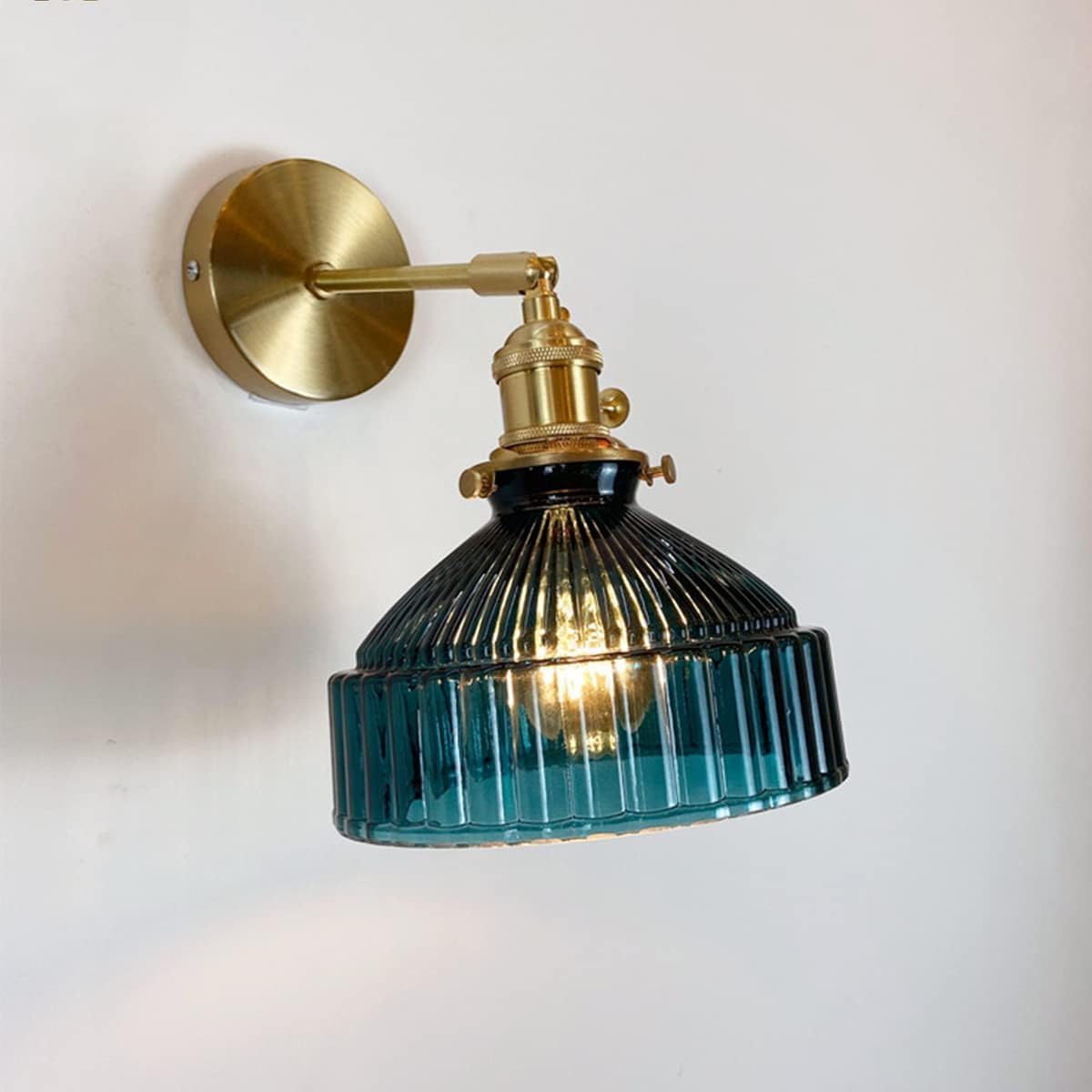 E27 Vintage Retro Szklana Kinkiet Wewnętrzna Lampa Ścienna z Obrotową Mosiężną Głowicą Złota Lampka Nocna Sypialnia Salon A