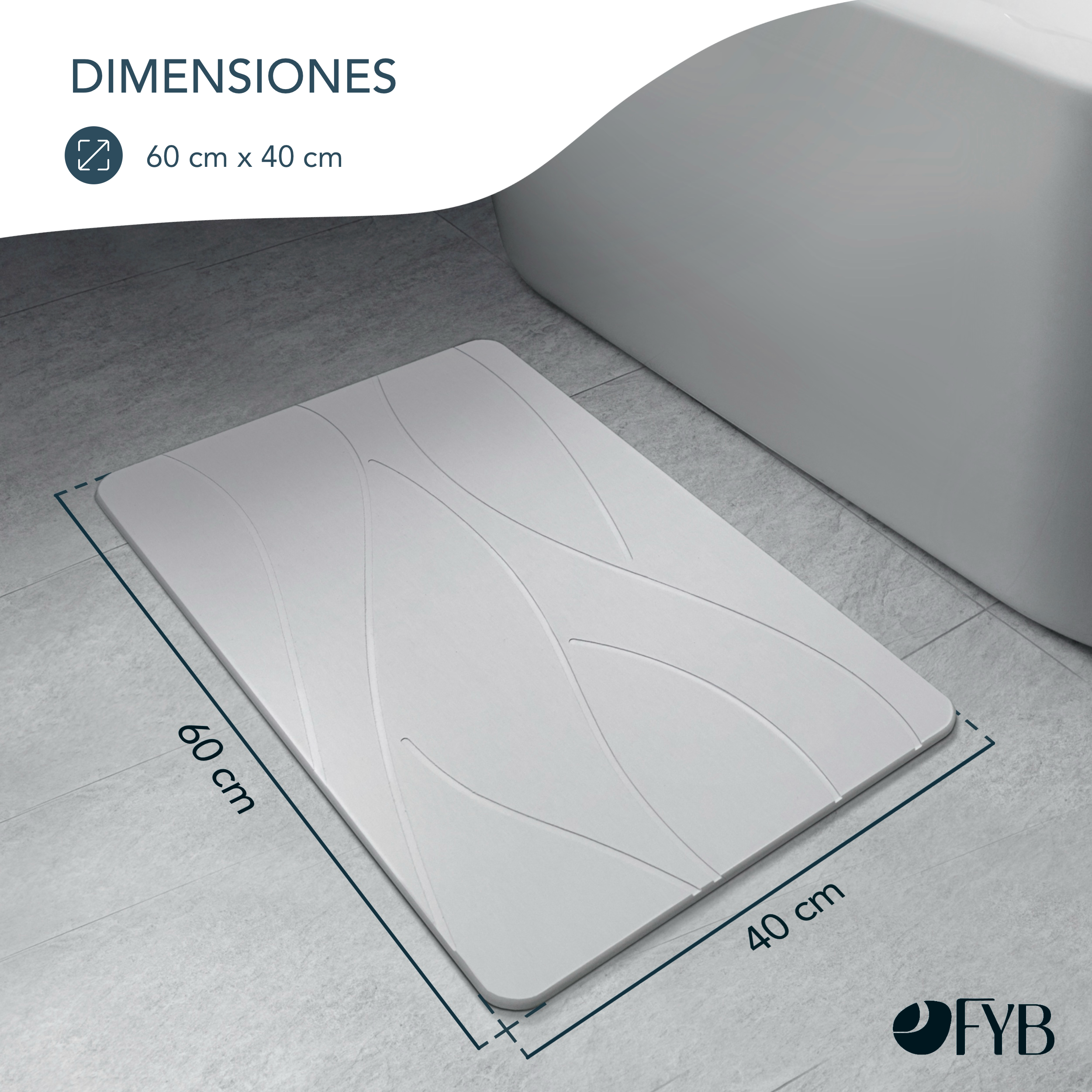 Alfombrilla de Diatomita para Baño Blanca 60x40 – Secado Rápido, Antideslizante y Antibacteriana – Piedra Diatomita - 3
