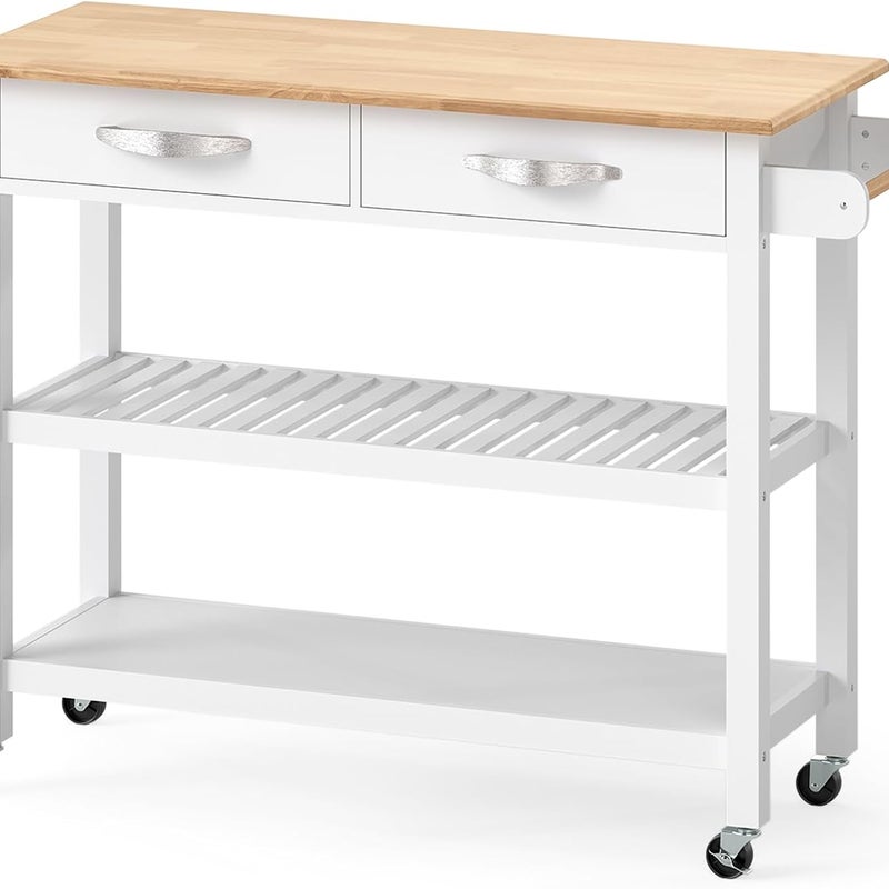 Wózek Kuchenny na Kółkach, Wózek Serwisowy, Blat Roboczy z Drewna Kauczukowego, 2 Szuflady, 2 Półki, Wyspa Kuchenna (Biały)