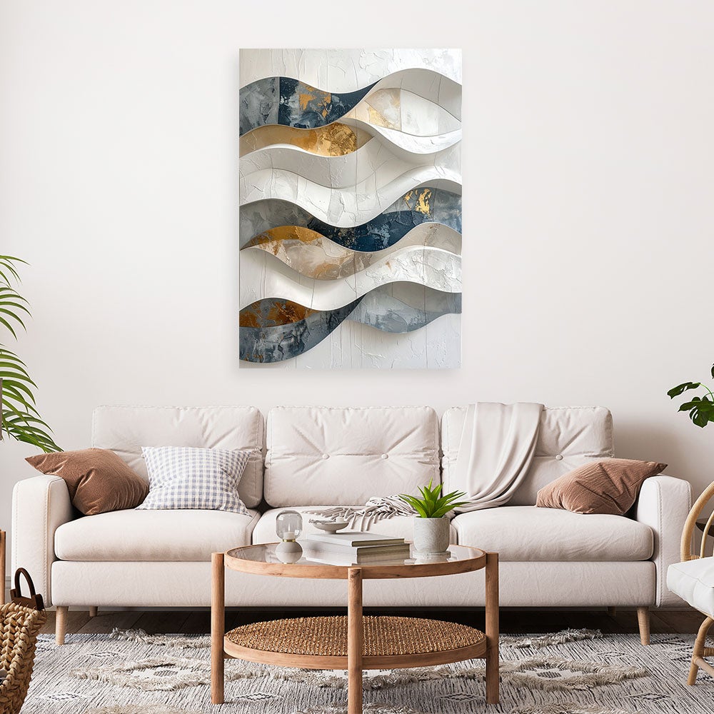 Obraz do salonu biura sypialni hotelu, Abstrakcja geometryczna fale w bieli beżu i złocie 80x120 - 2