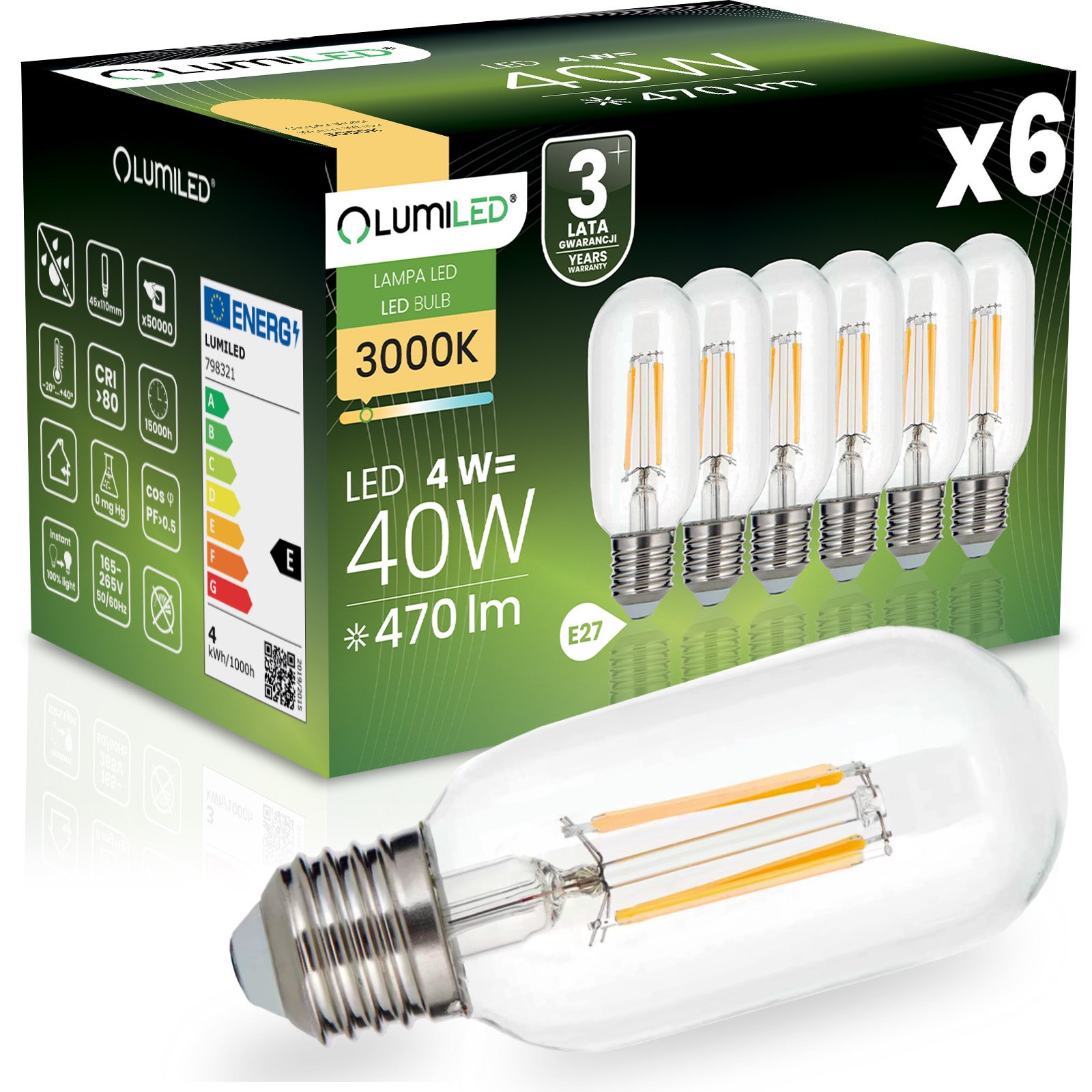 Żarówka LED Lumiled E27 T45 Filament 4W 470LM 3000K Ciepła biel 360st 6 szt.