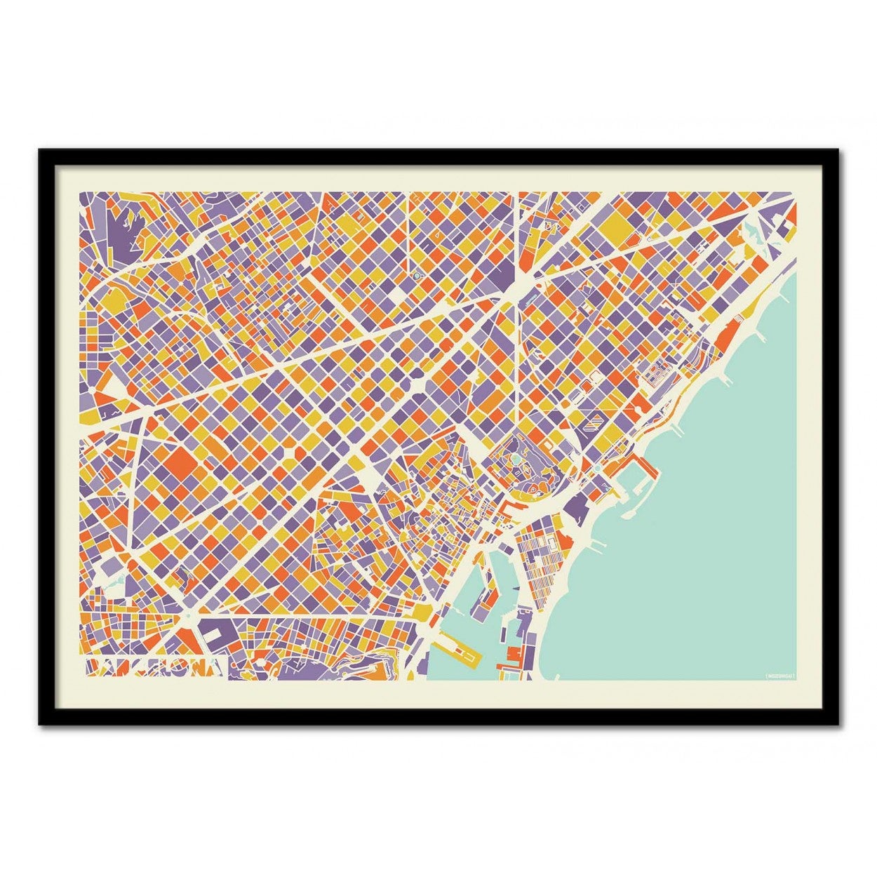 Art-poster - barcelona rainbow map - muzungu - con marco negro 50 x 70 cm