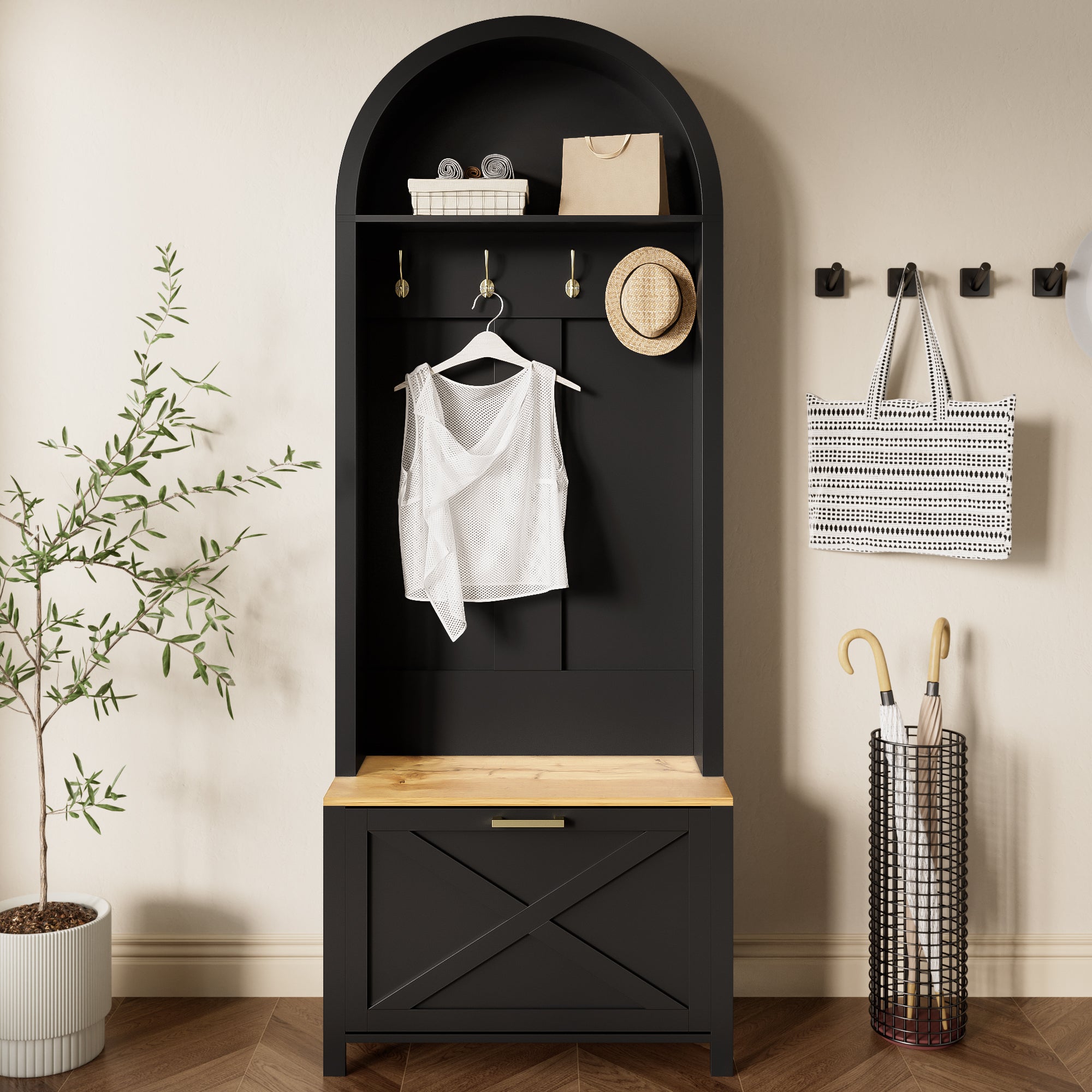Zestaw szafek na buty z ławką na buty, 1 drzwiami opuszczanymi, półką i wieszakami - 75 x 35 x 195 cm - MDF - Czarny