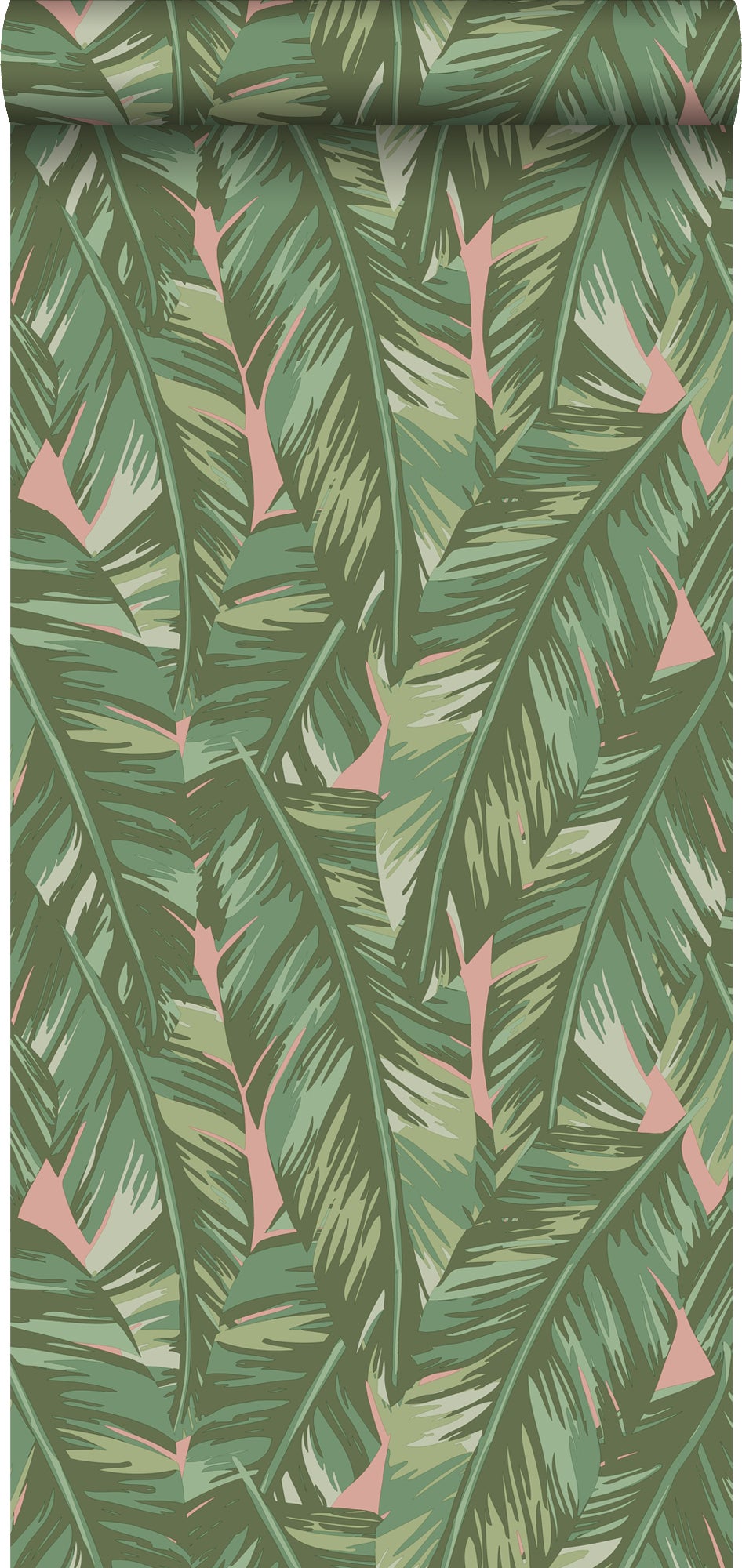 Papel pintado hojas de banano verde oliva agrisado y rosa melocotón - 0,53 x 10,05 m - estahome