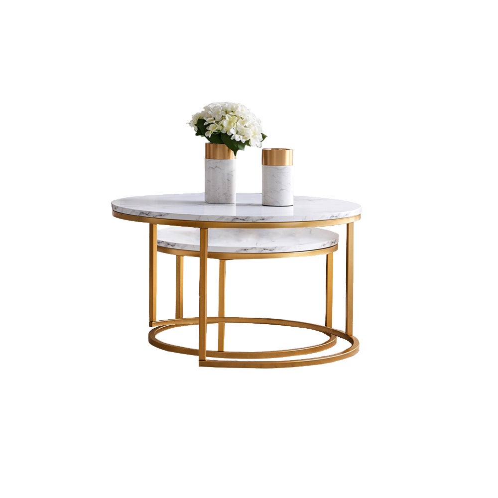 DreamMespace Lot de 2 Tables Basses Gigognes 80/60 cm - Effet Marbre Blanc et Pieds Métal Doré, Modulable - 7