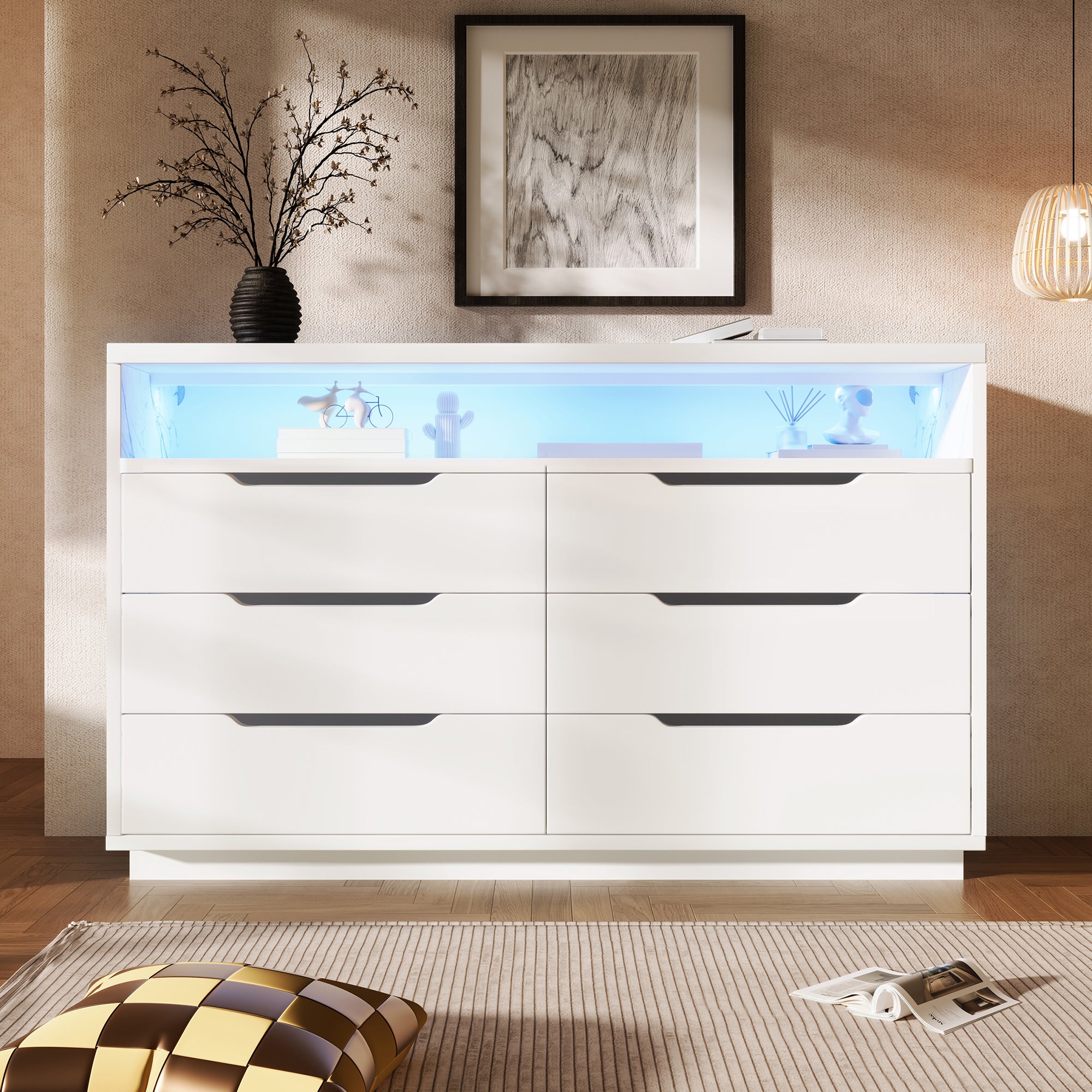 Bufet, comodă cu iluminare LED și 6 sertare, compartiment de depozitare cu finisaj marmorat, 120x40x85 cm, alb