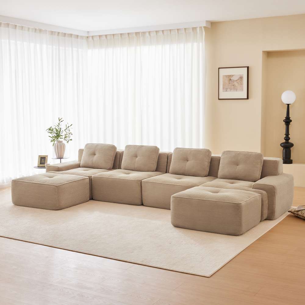 Sofa bezramowa – 4-osobowa modułowa sofa z szezlongiem, antypoślizgowa konstrukcja i przyjazna dla zwierząt