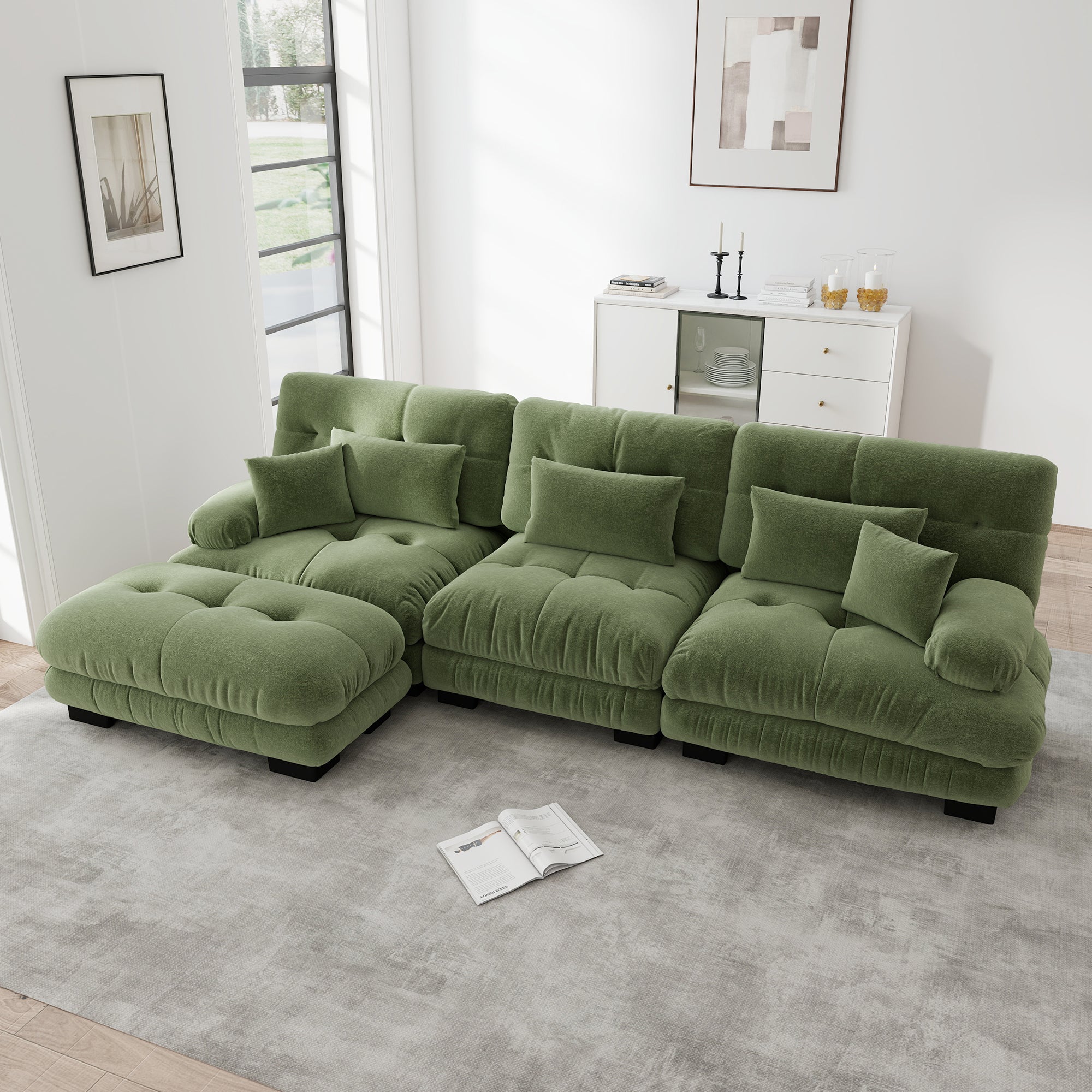 Canapé d'angle extra large en forme de L,Canapé nuage 3 places avec 1 repose-pieds,Canapé modulable avec coussins lombaires,Chenille,Vert - 2