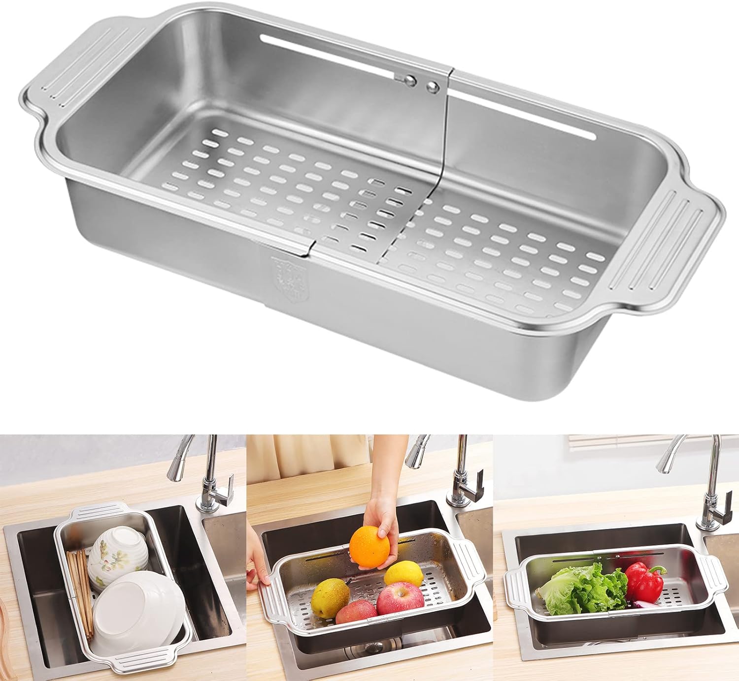 Teleskopowy ociekacz do zlewu ze stali nierdzewnej – Suszarka do naczyń z miejscem na miski, sztućce i naczynia – Praktyczne akcesorium kuchenne