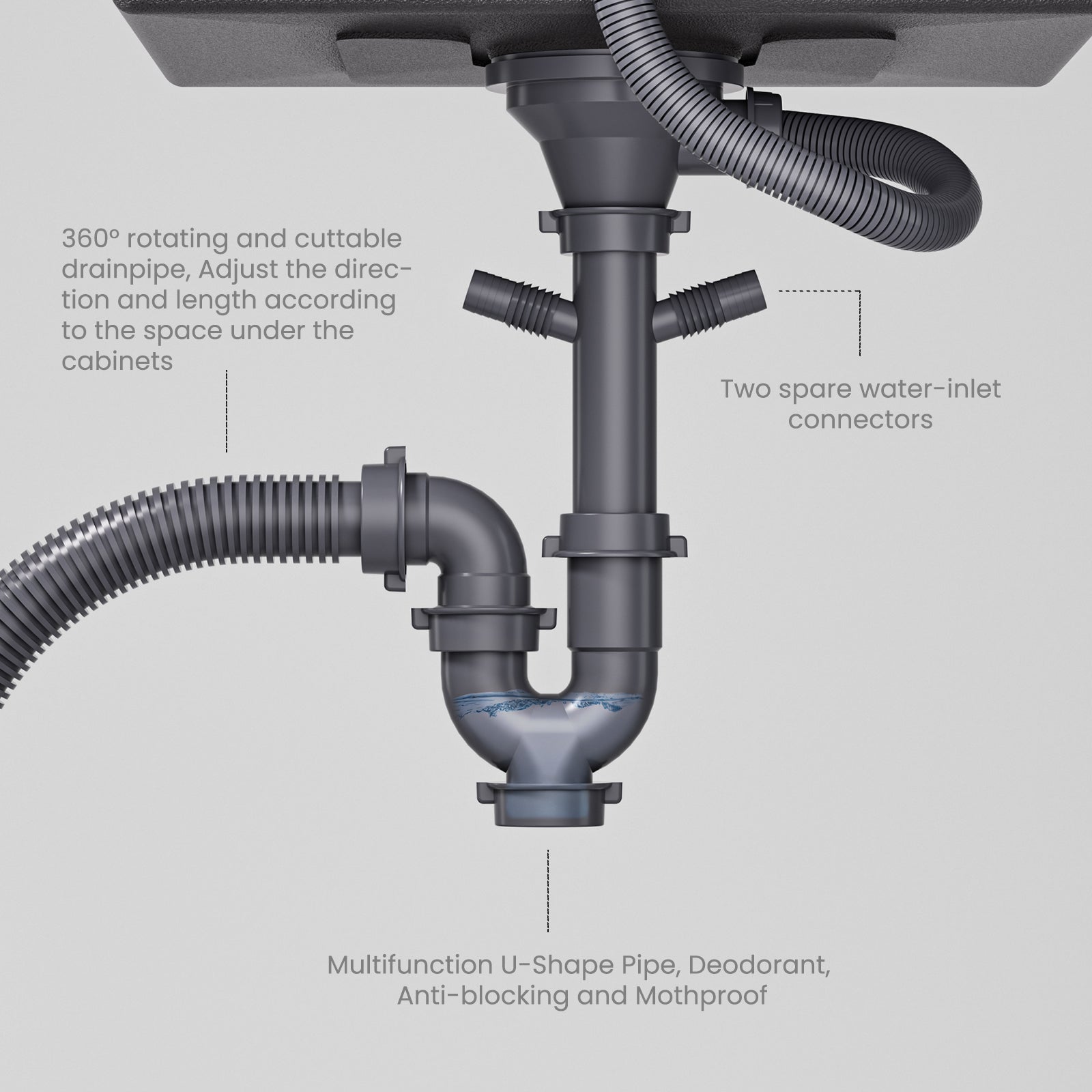Évier de Cuisine 1 Bac 50x44x19CM, Noir Évier Inox avec Siphon et Trop Plein Évier Montage à Encastrer/ Sous-Plan (Distributeur de savon non inclus) - 6