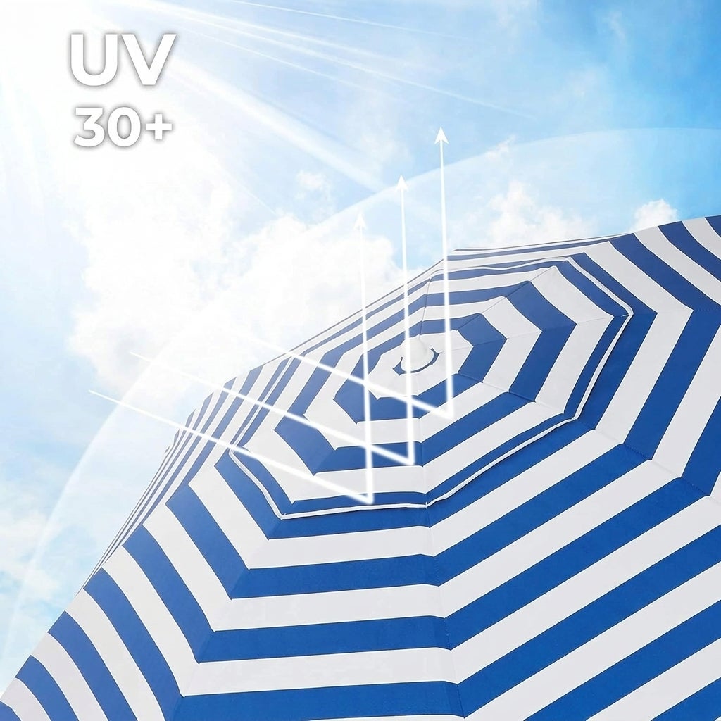 Sombrilla Playa Grande 200cm Plegable Anti Viento Protección Solar de Raya Azul - 3