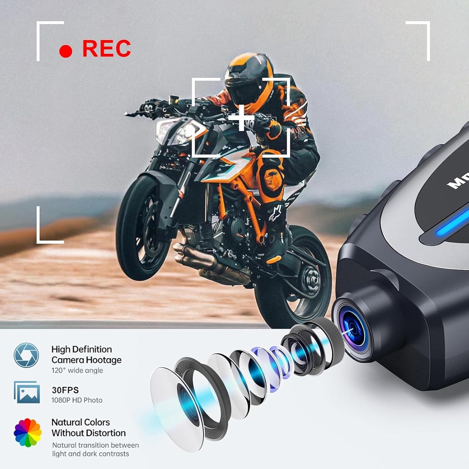 Moto Dashcam BT5.4,Motorcycle Helmet Headset avec Caméra 1080P,Intercom Casque Moto 1v1 Multimarques,Multitâche Audio.Navigation en Temps Réel de l’Ap - 2