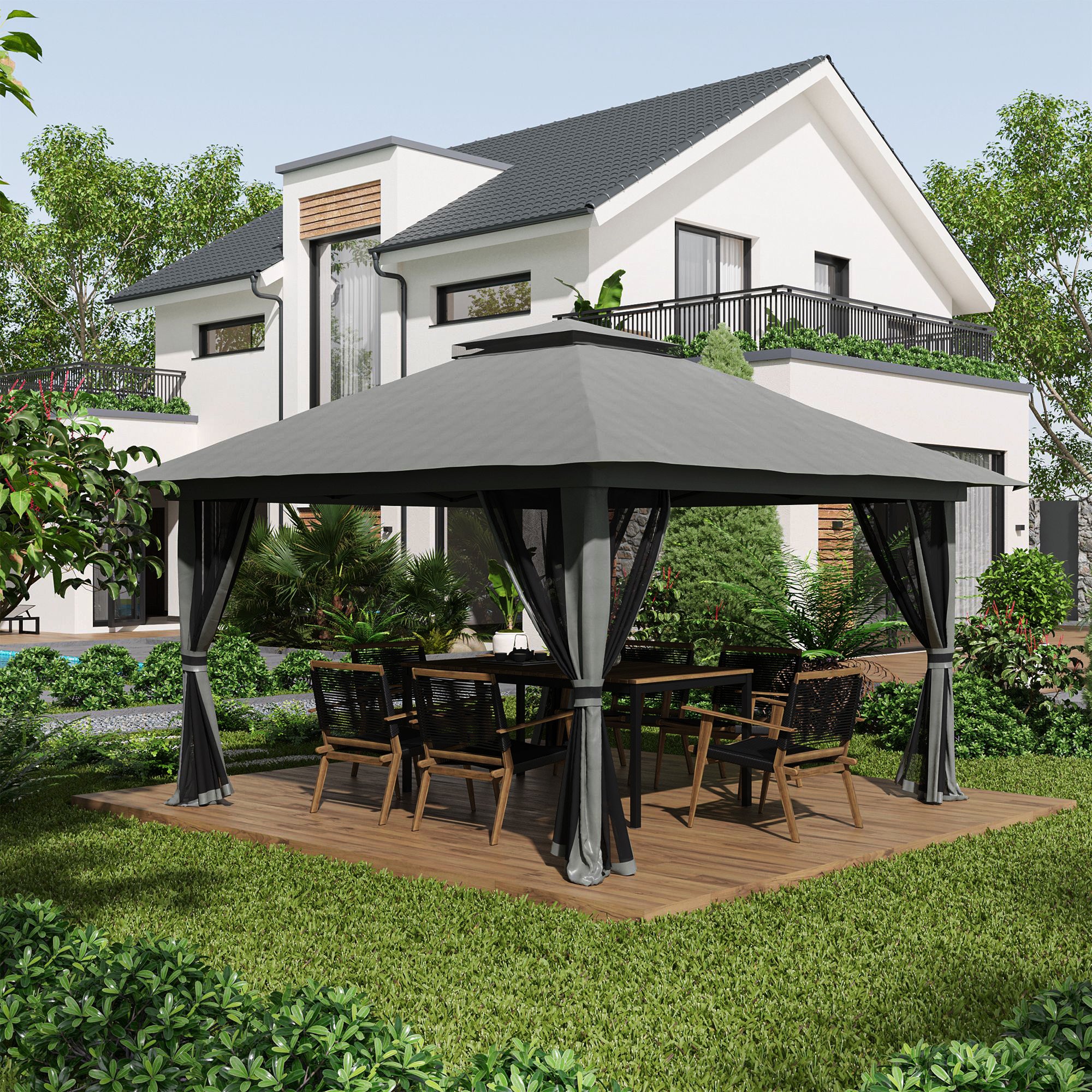 Carpa Plegable Outsunny Metal, Poliéster Gris Oscuro 392x392x283 cm - 2
