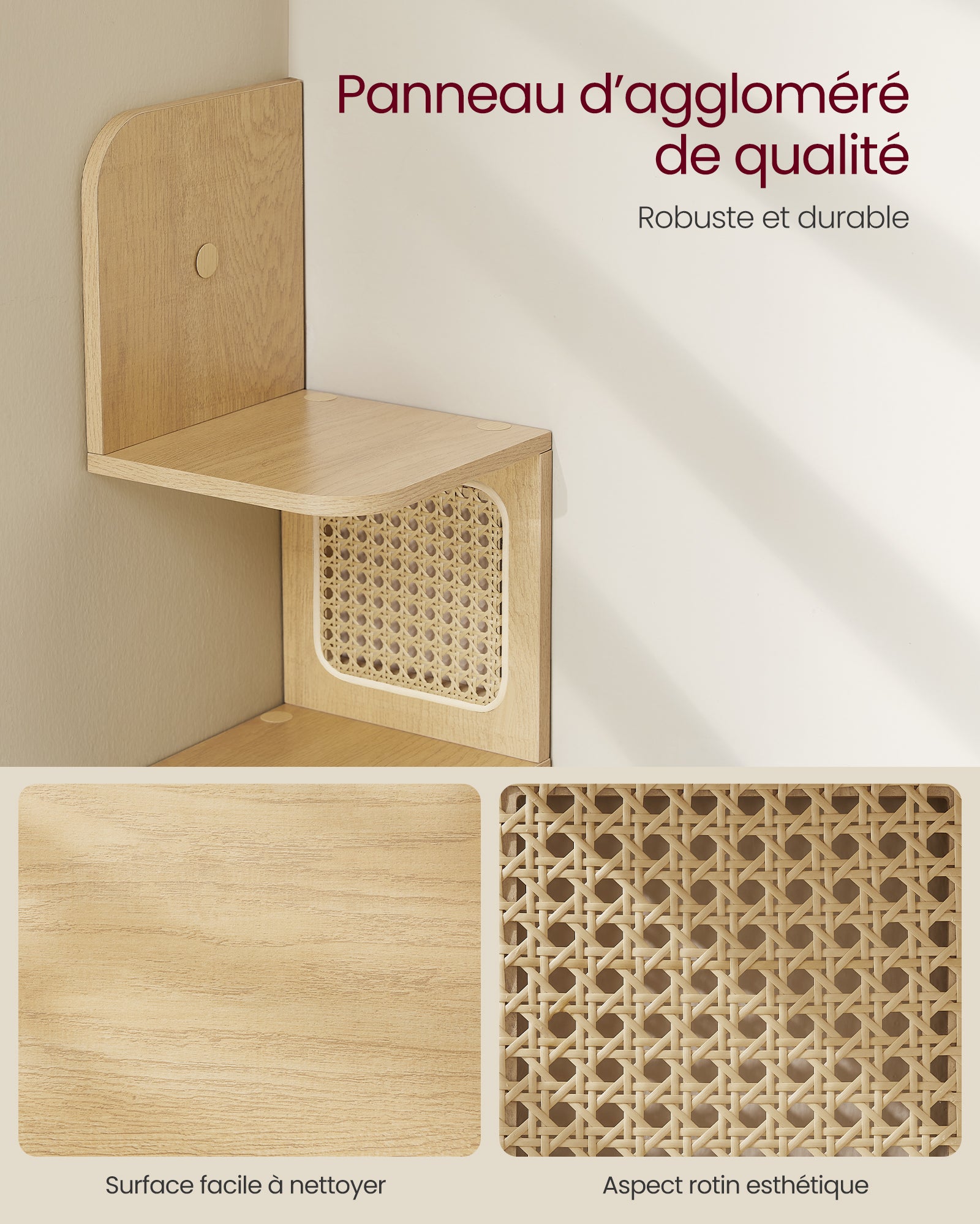 Étagère d’Angle, Étagère Murale Flottante à 5 Niveaux, Côtés en Rotin PVC, Style Boho, Couleur Chêne Beige - 3