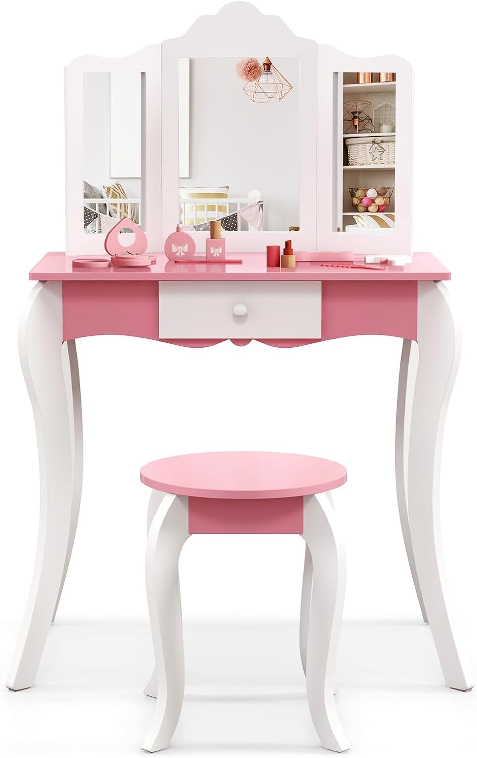 2 en 1 Coiffeuse pour Enfants avec Miroir Amovible Bureau Enfant avec 4 Étagères et 3 Panneau Pliables Blanc/Rose 2 en 1 Coiffeuse pour Enfants avec Miroir Amovible Bureau Enfant avec 4 Étagères et 3 Panneau Pliables Blanc/Rose