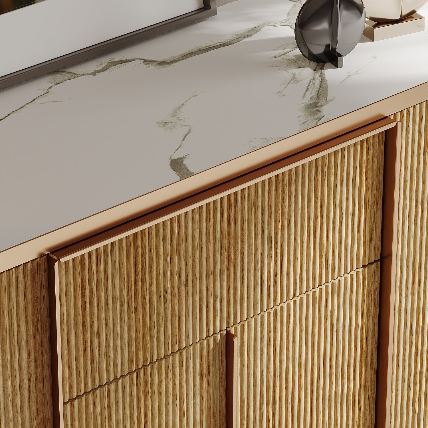 Buffet de Salon avec 4 Portes et Tiroir, Meuble de Chambre avec Façade Sculptée et en Bois Texturé, 160x40x82.5, Naturel et Marbre - 5