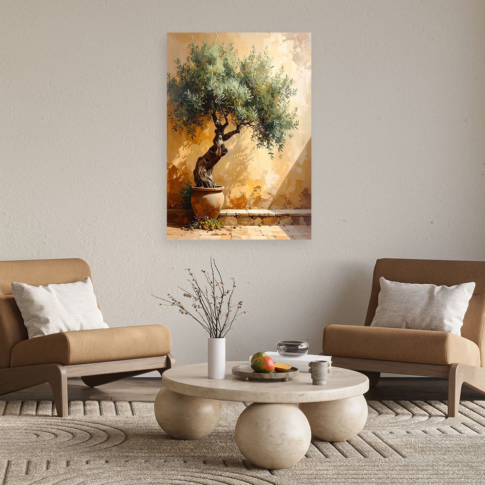 Obraz do salonu sypialni biura, Drzewko oliwne na tle muru w beżu 70x100 - 2