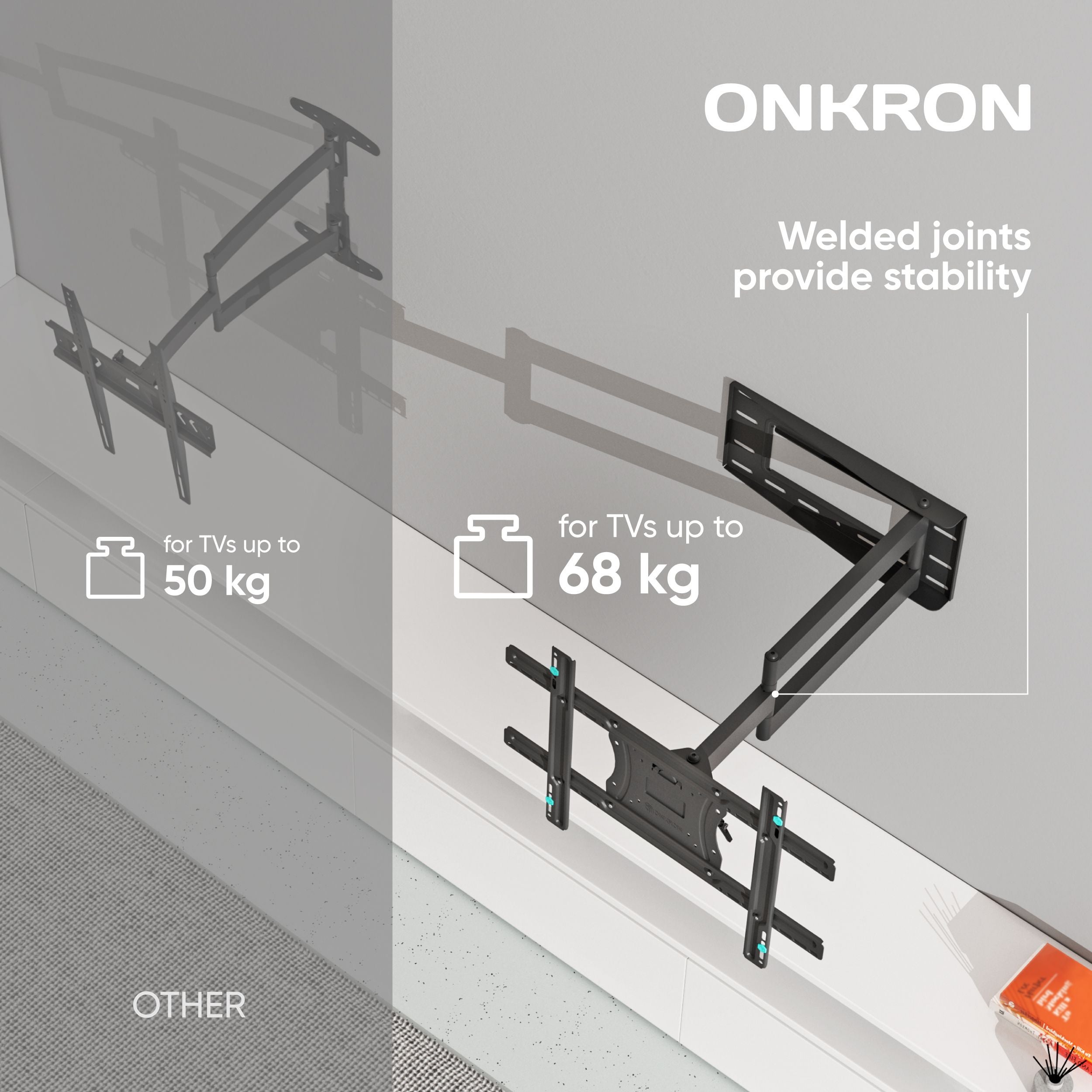 ONKRON Support Mural TV Bras Articulé Long pour 40-75 Pouces, Accroche jusqu'à 68 kg - VESA 600x400 mm / Inclinaison Tournant Pivotement M7L-B Noir - 3
