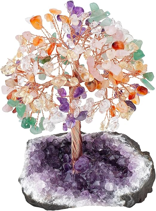 Drzewko Życia z 7 Czakrami Kryształy Naturalne Fengshui Drzewko Dekoracja z Bazą Ametystową z Kamienia Reiki Ozdoba Dekoracyjna na Stół, Medytacja De
