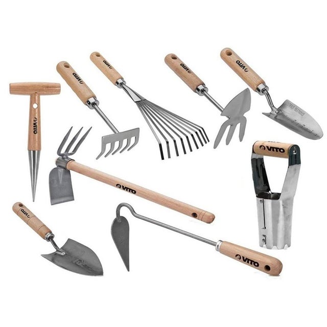 Kit 9 outils de jardin Manche bois Hêtre Inox et Fer forgés à la main VITO