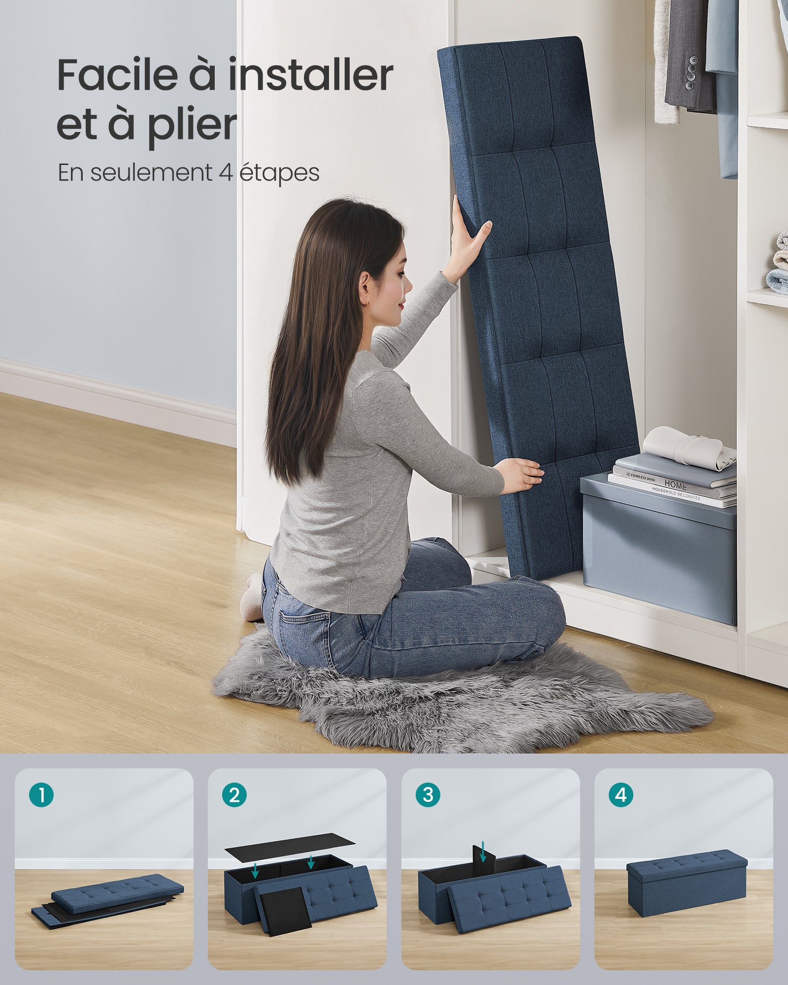 Banc de Rangement Pliable de 110 cm, Coffre de Rangement, Tabouret Repose-Pieds, Pouf de Chambre, Bleu Nuit - 6