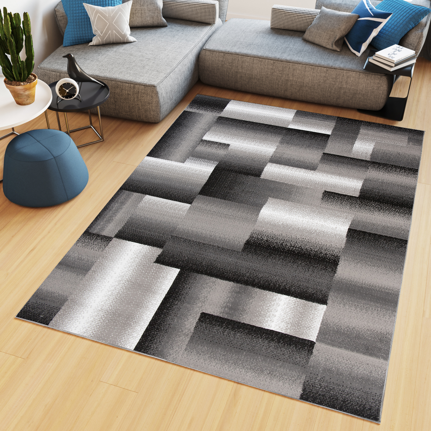 Tapiso maya alfombra de salón sala comedor diseño moderno gris negro blanco geométrico rayas delgada 140 x 200 cm