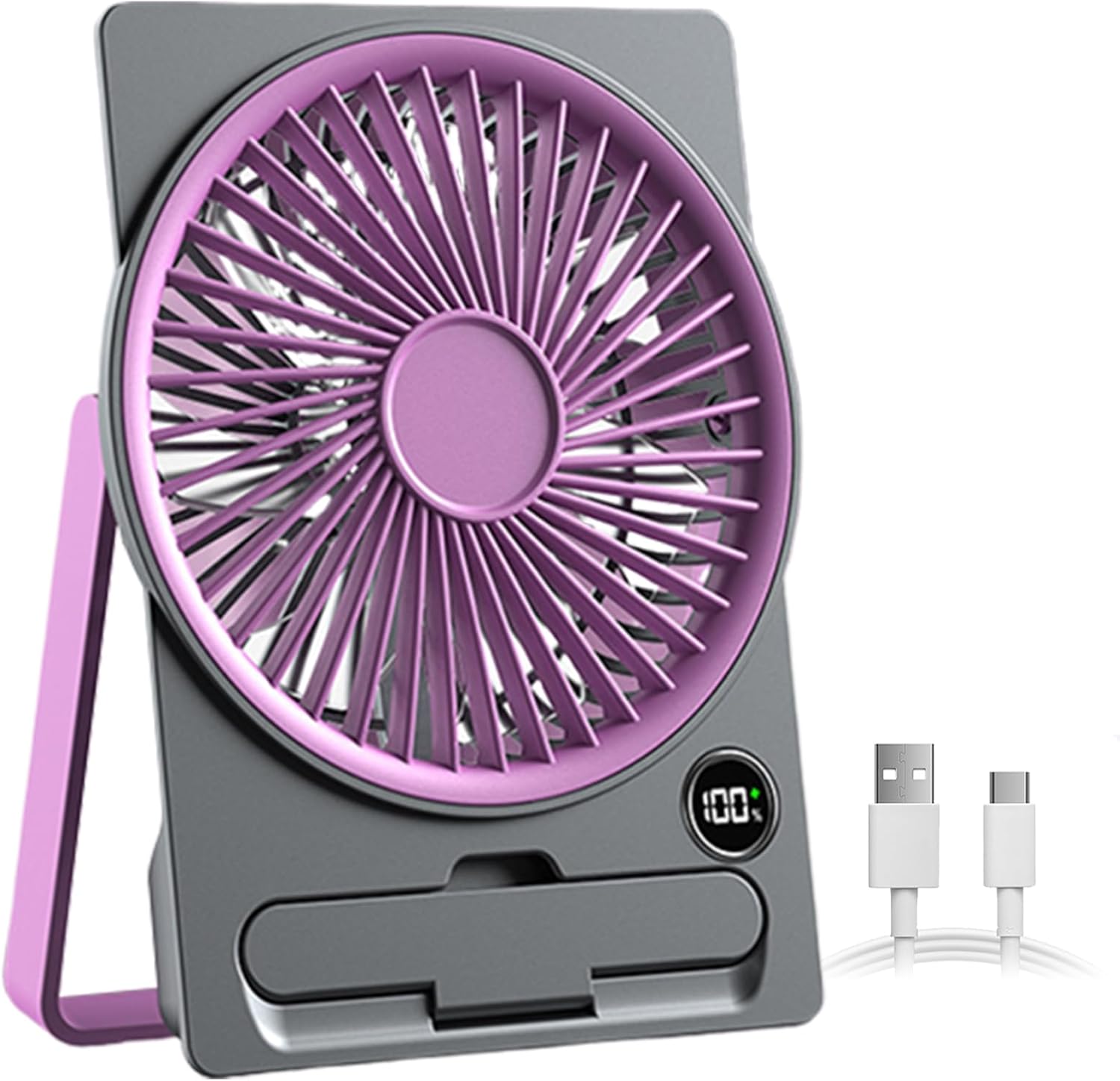Wentylator biurkowy ładowany przez USB z ekranem LCD, ultracienka konstrukcja, idealny na kemping, w podróży i do użytku wewnątrz pomieszczeń, fiolet