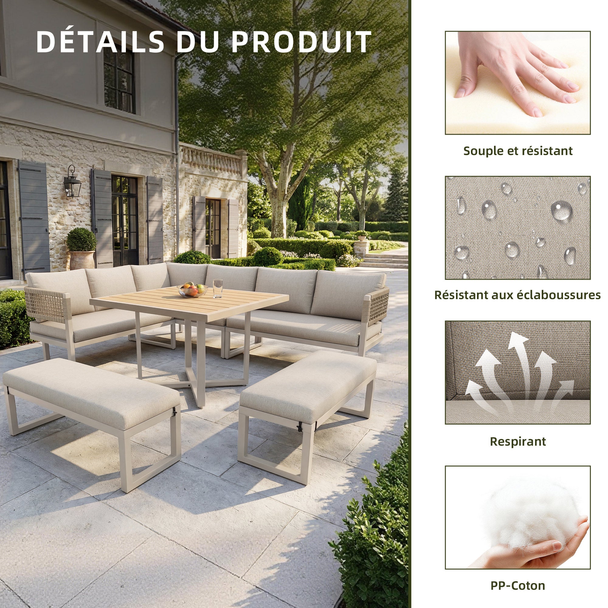 Ensemble de meubles de jardin en tressée main pour 8 à 10 personnes avec coussin, salon de jardin en métal avec canapé, table à manger, banc - beige - 4