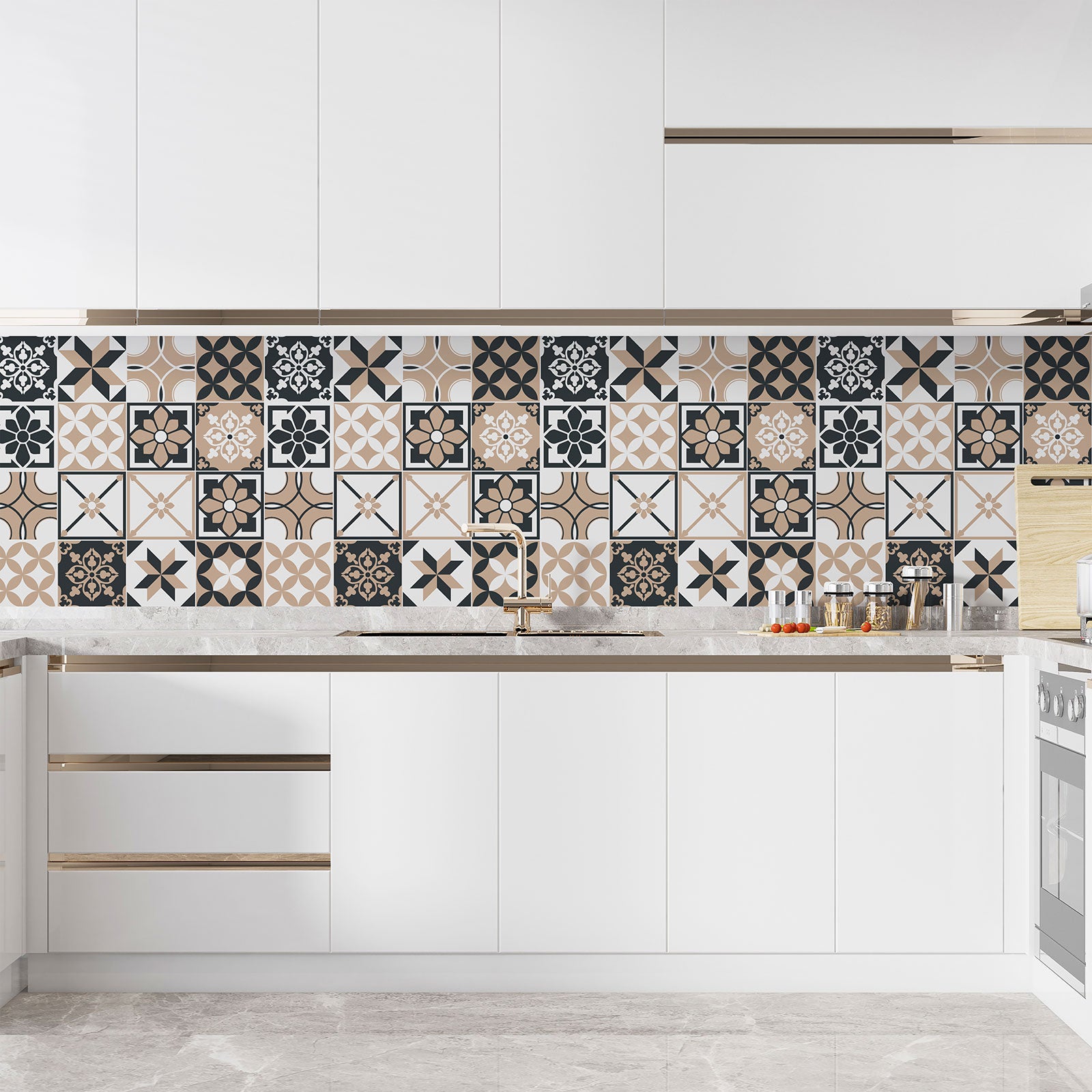 Crédence adhésive sticker décoratif pour cuisine - Effet carreaux de ciment - Adhésif BRILLANT - 60x60 cm - 3