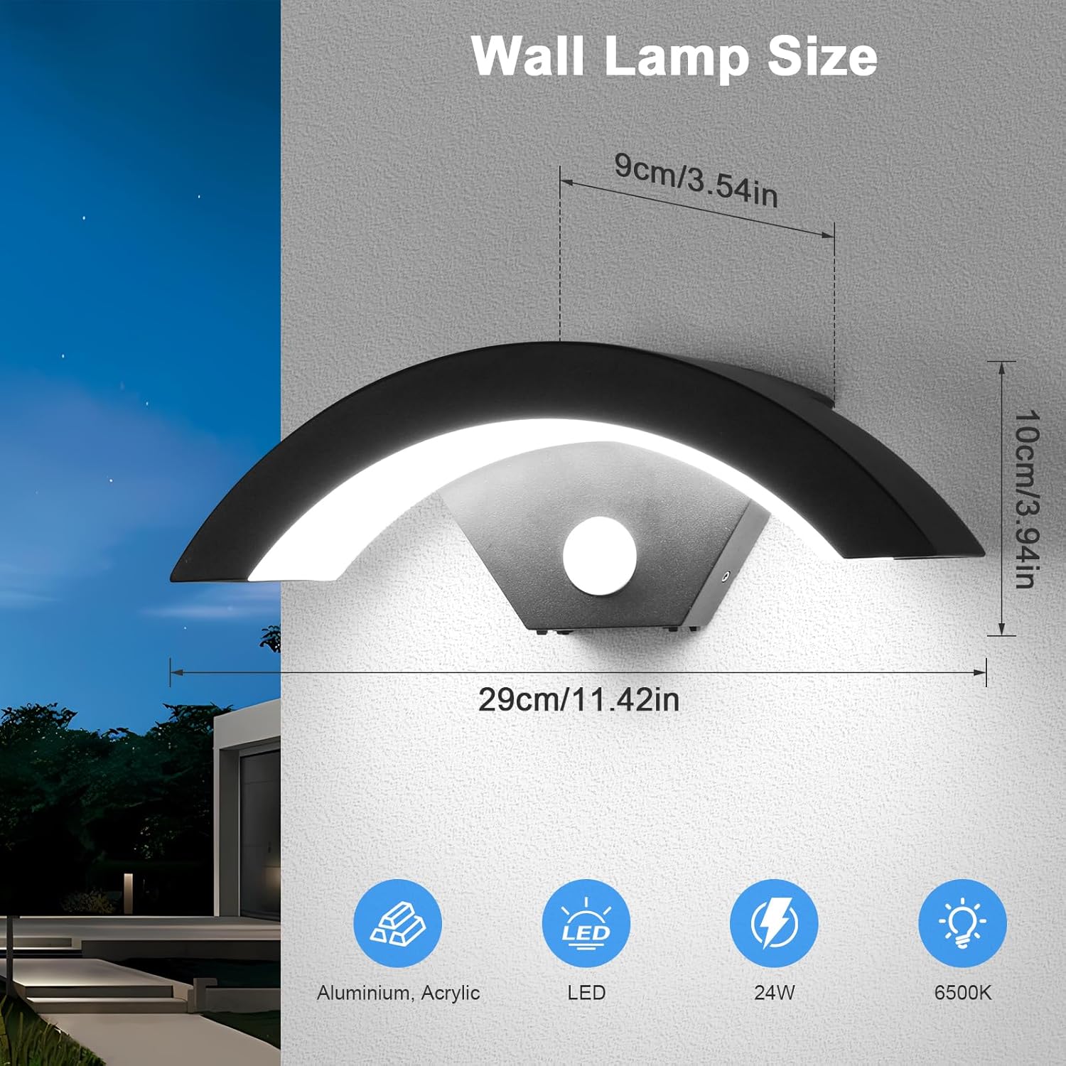 Applique da parete per esterni a forma di U con sensore di movimento - Nero, 16 W, luce bianca 6500 K, IP65 - 3