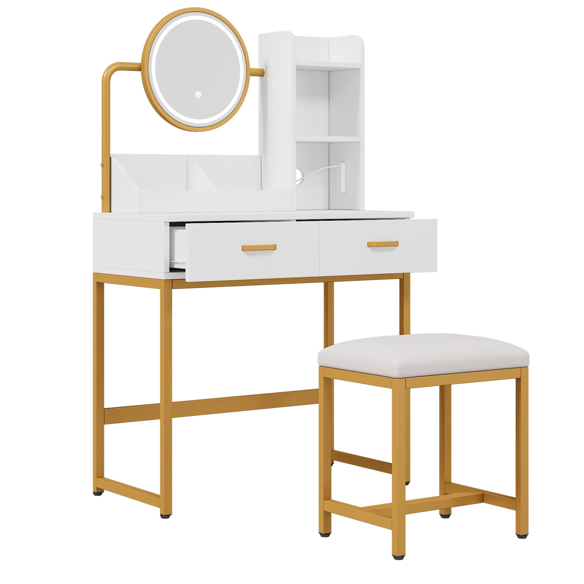 Coiffeuse moderne avec miroir pivotant, 2 tiroirs et tabouret - 80 x 40 x 138.5 cm - Panneaux de particules - Prises électriques - Blanc - 9