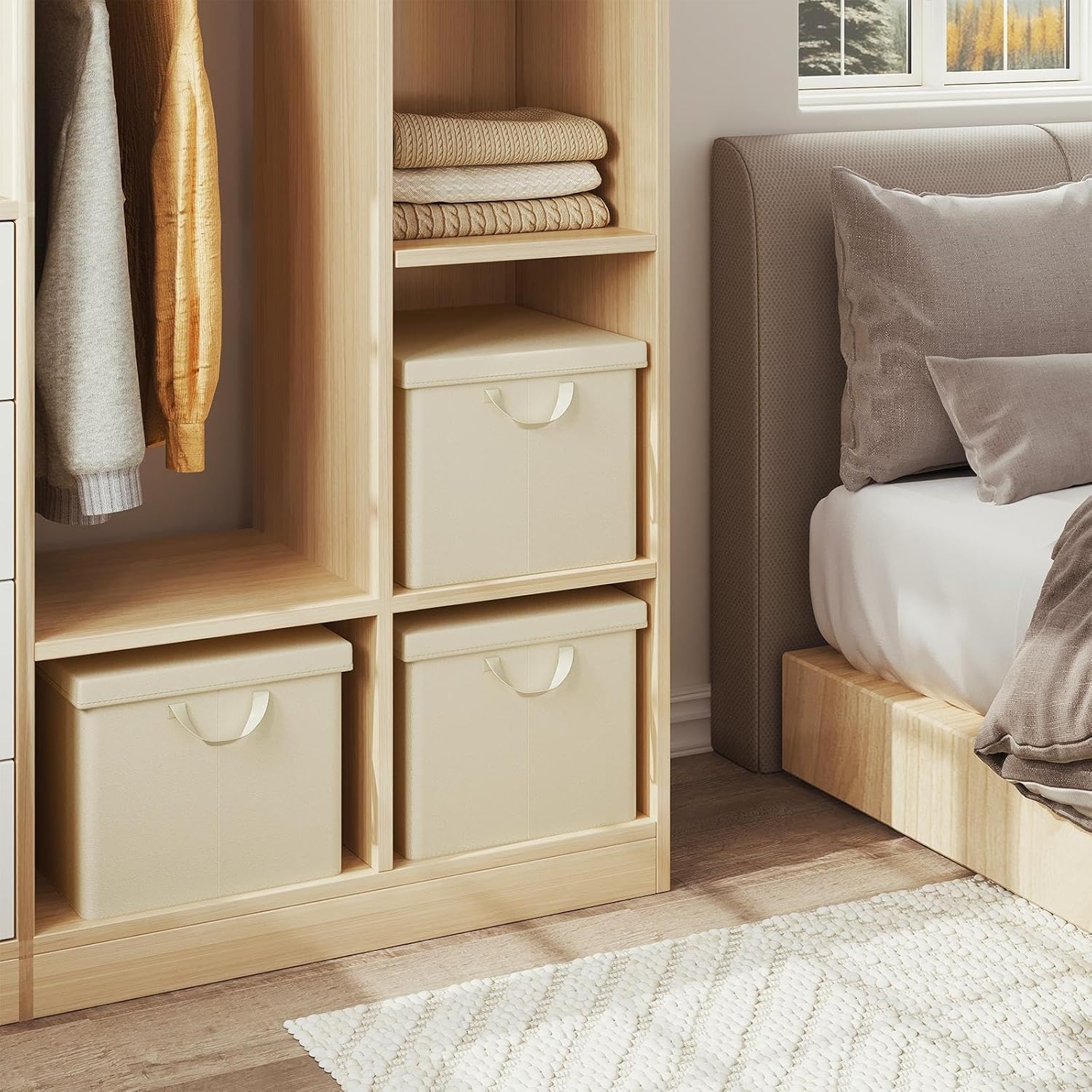 Lot de 3 Boîte de Rangement WOLTU, 48x36x30 cm, avec Couvercle, Coffre de Rangement en Tissu non Tissé, Pliable, Crème - 2