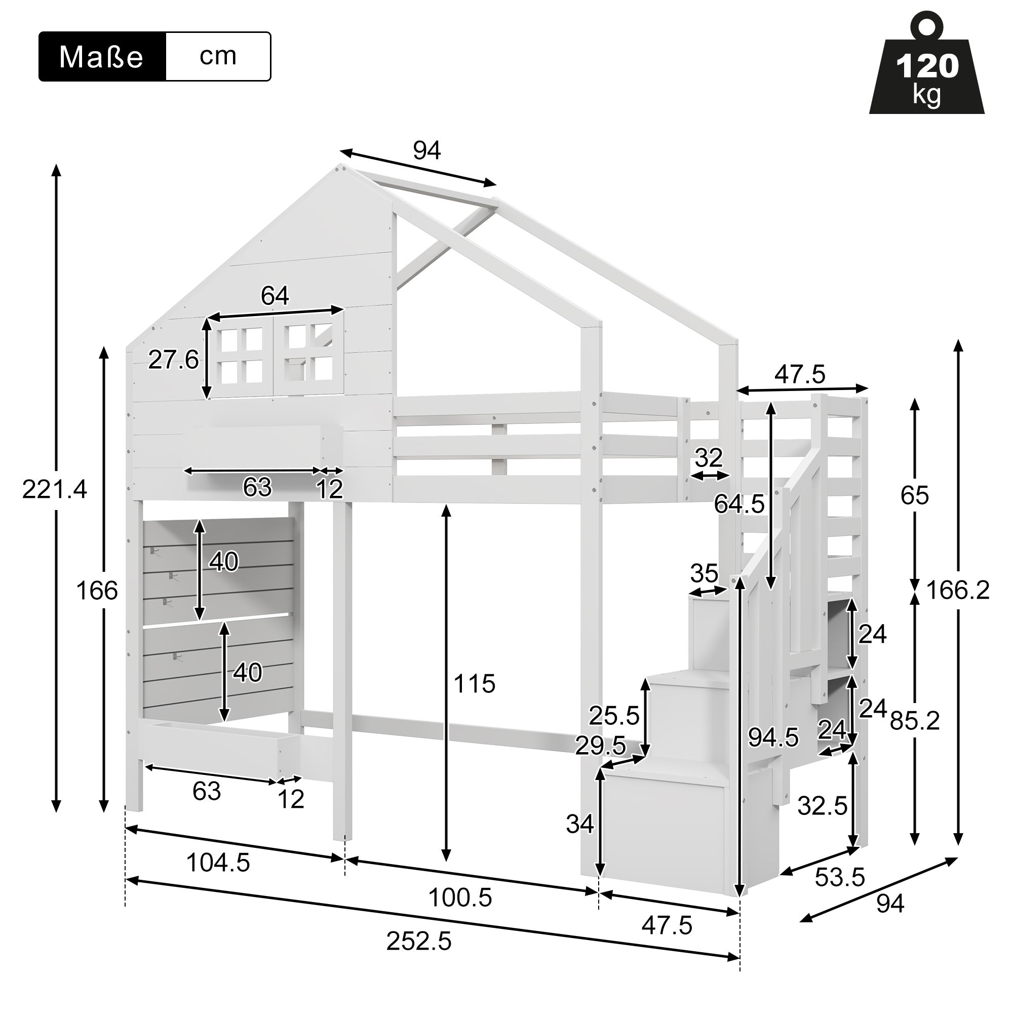 Łóżko piętrowe 90 x 200 cm z półkami i okienkiem - lite drewno + płyta MDF - dla dzieci - białe (materac nie jest wliczony w cenę) - 7