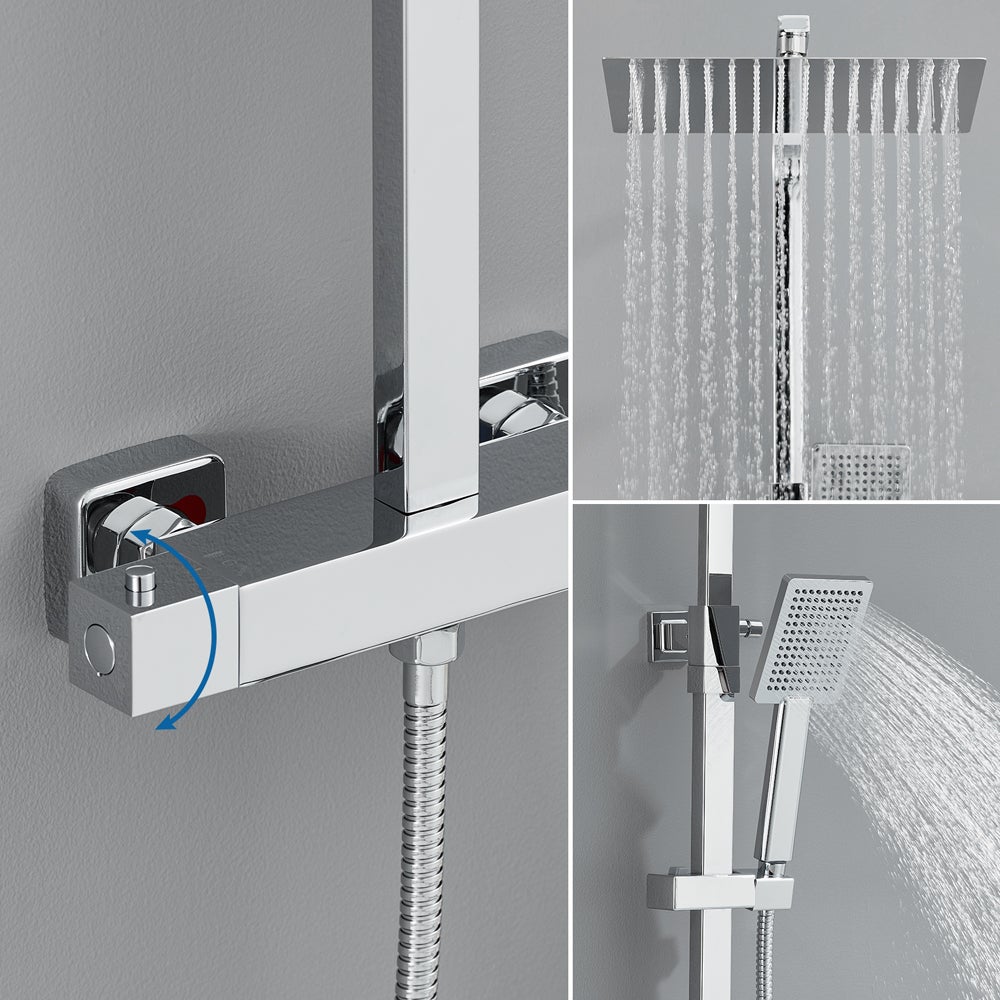 Colonne Douche Thermostatique 2 Fonctions Ensemble Douche Thermostat,Tête douche 12 pouces,Système Douche, Hauteur Réglable 96-130cm,Chromé - 8