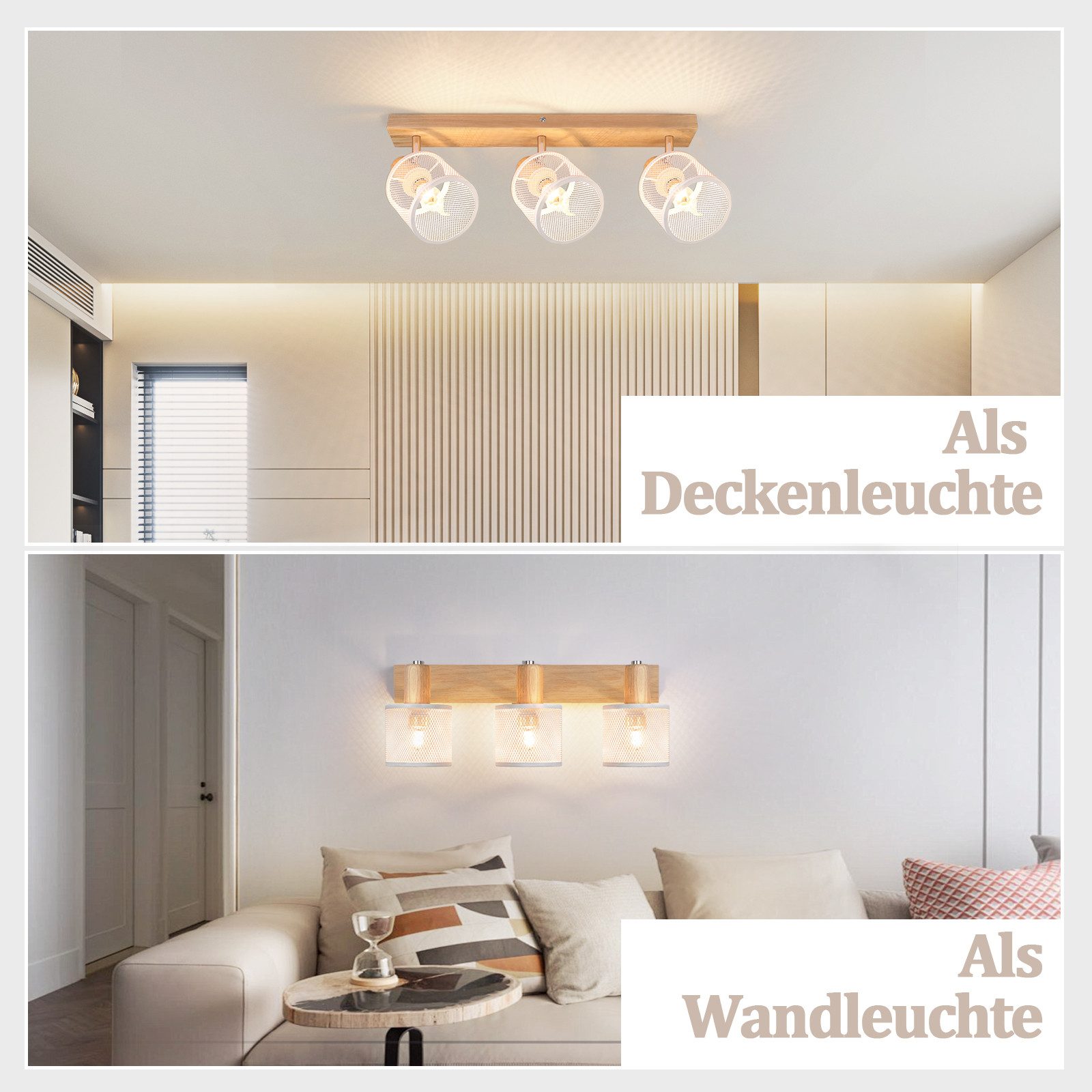 NETTLIFE Faretto da soffitto, Plafoniera 3 faretti effetto legno bianco, E14 plafoniera orientabile 350° max 25 W moderna per soggiorno - 4