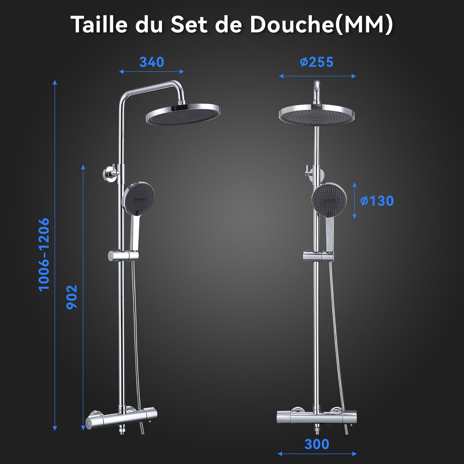 Colonne de Douche Thermostatique, Ensemble de Douche Hauteur Réglable sans Percement Supplémentaire Chromé avec Douchette 3 Jets, Mitigeur en Laiton - 10
