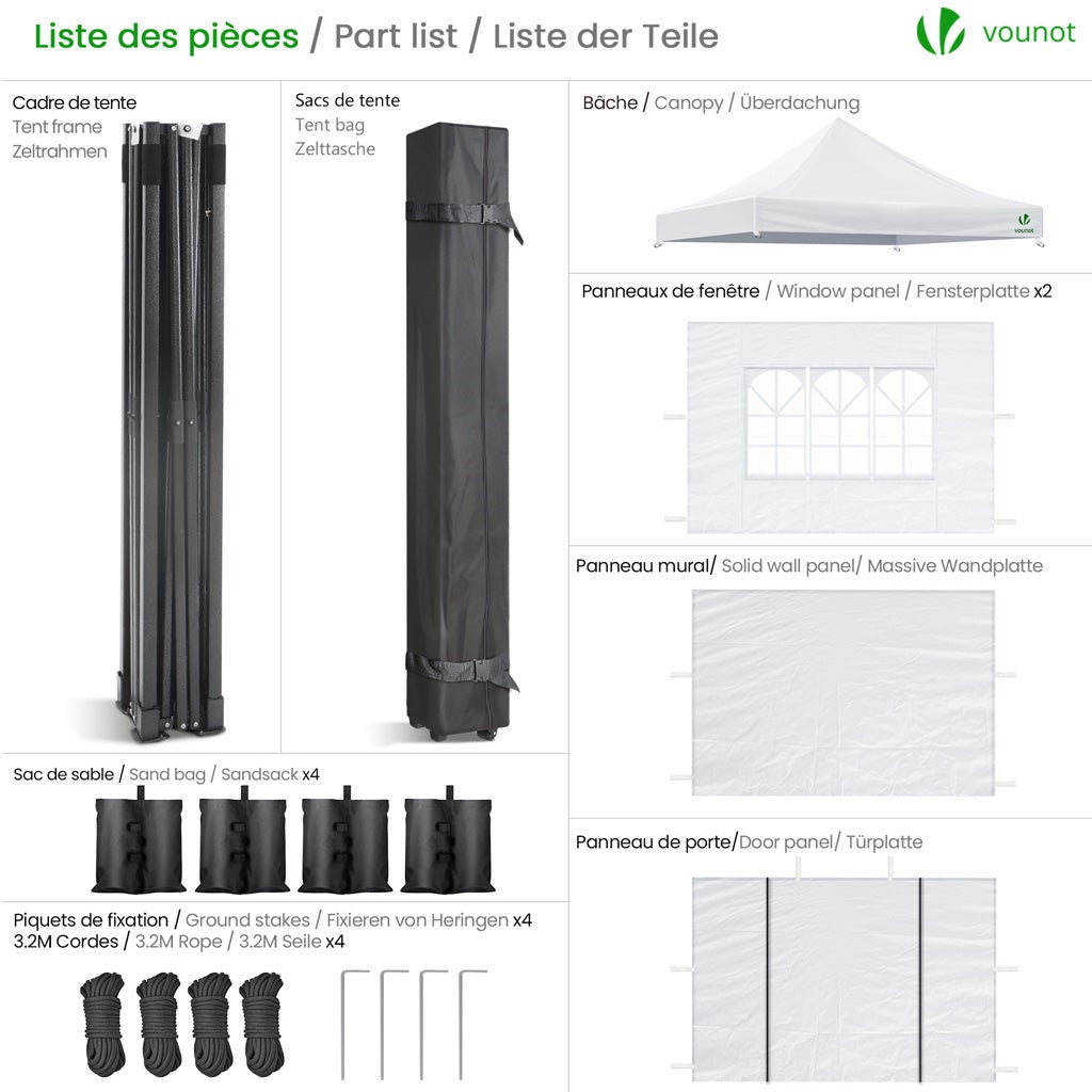 Tonnelle de jardin renforcée 3x3m pliable avec 4 parois et sac de transport à roulette - Imperméable et anti-UV - Blanc - VOUNOT® - 2