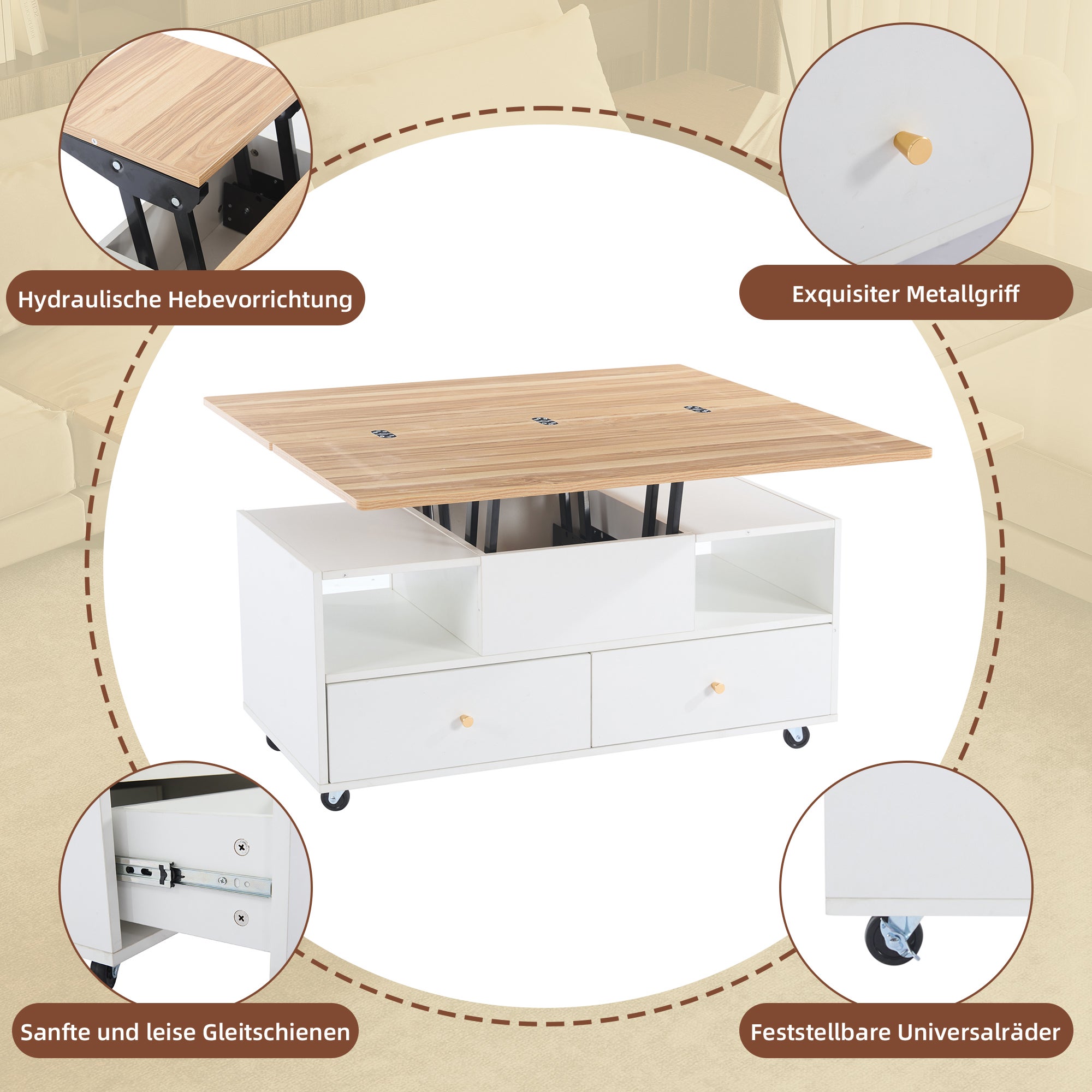 Table basse relevable mobile avec 4 tiroirs et 2 compartiments - 100 x 50 x 47,5 cm - MDF - Blanc + naturel - 7